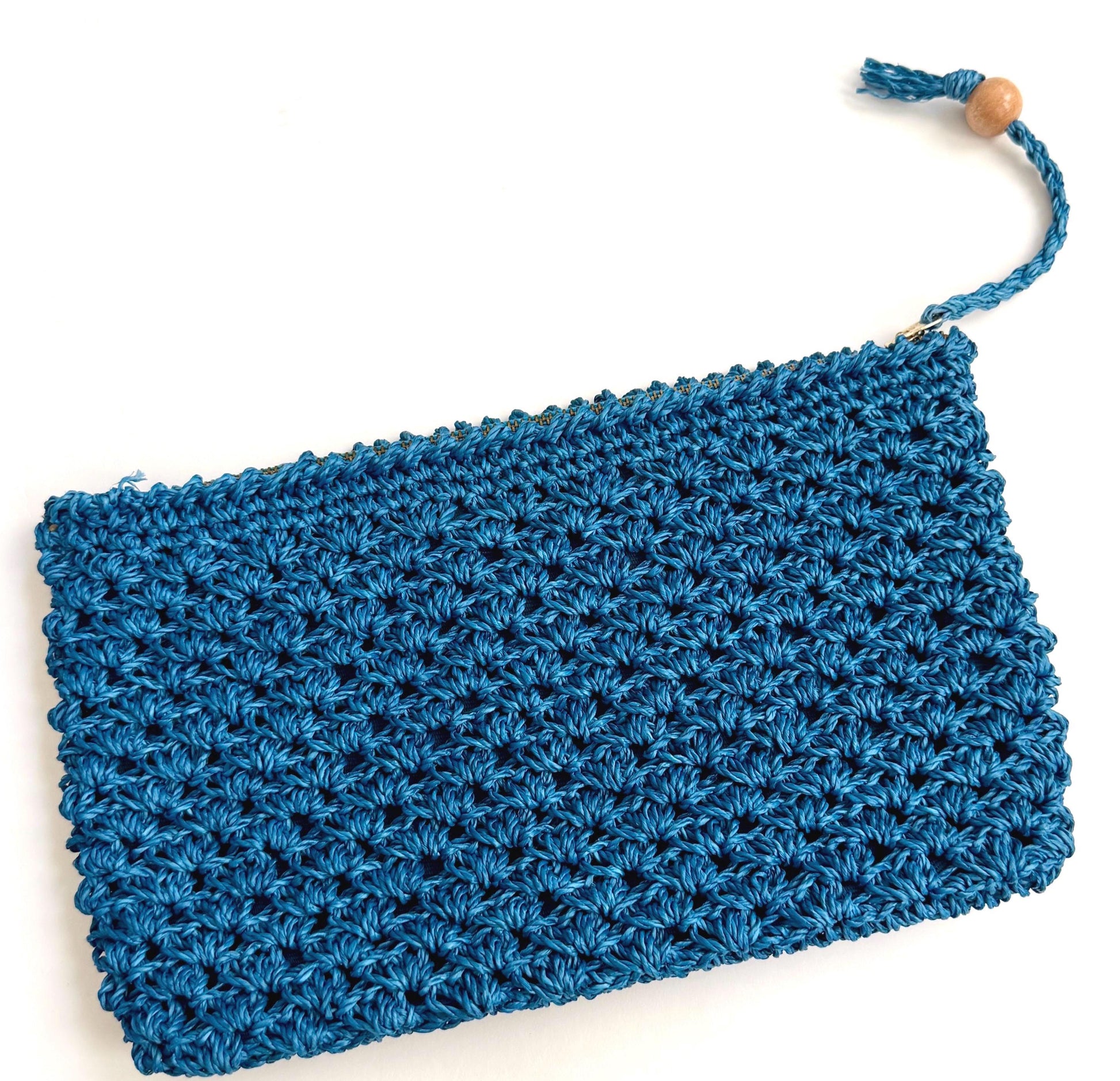 Vintage Blue Raffia Clutch Bag Pouch Mid Century Made in Japan