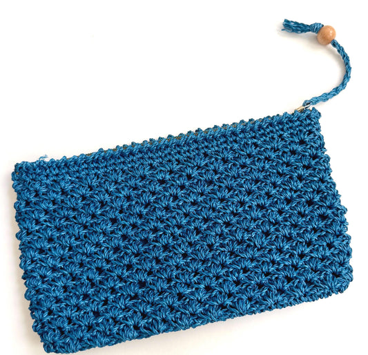 Vintage Blue Raffia Clutch Bag Pouch Mid Century Made in Japan