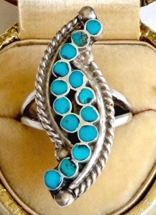 Vintage Dishta Turquoise Ring Native American Sterling Silver Flush Inlaid Stone 6.75