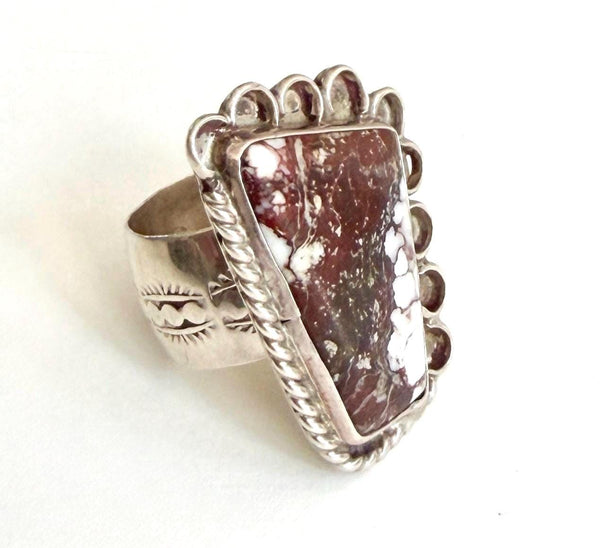 Vintage Navajo Cigar Ring Wide Sterling Silver Band Wild Horse Magnesite Cabochon Size 8.75