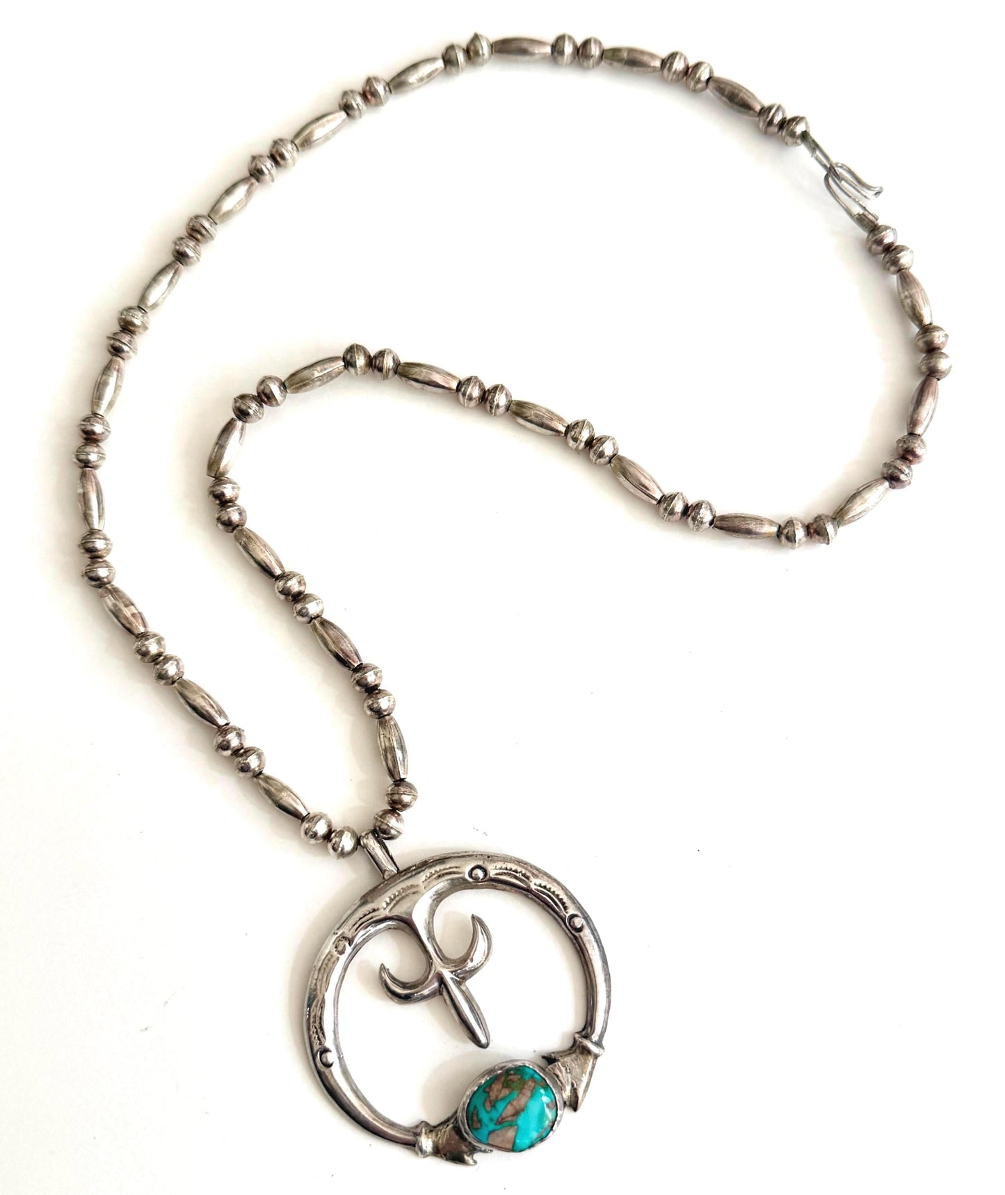 Vintage Navajo Turquoise Naja Pendant Necklace Cast Sterling Silver 25"