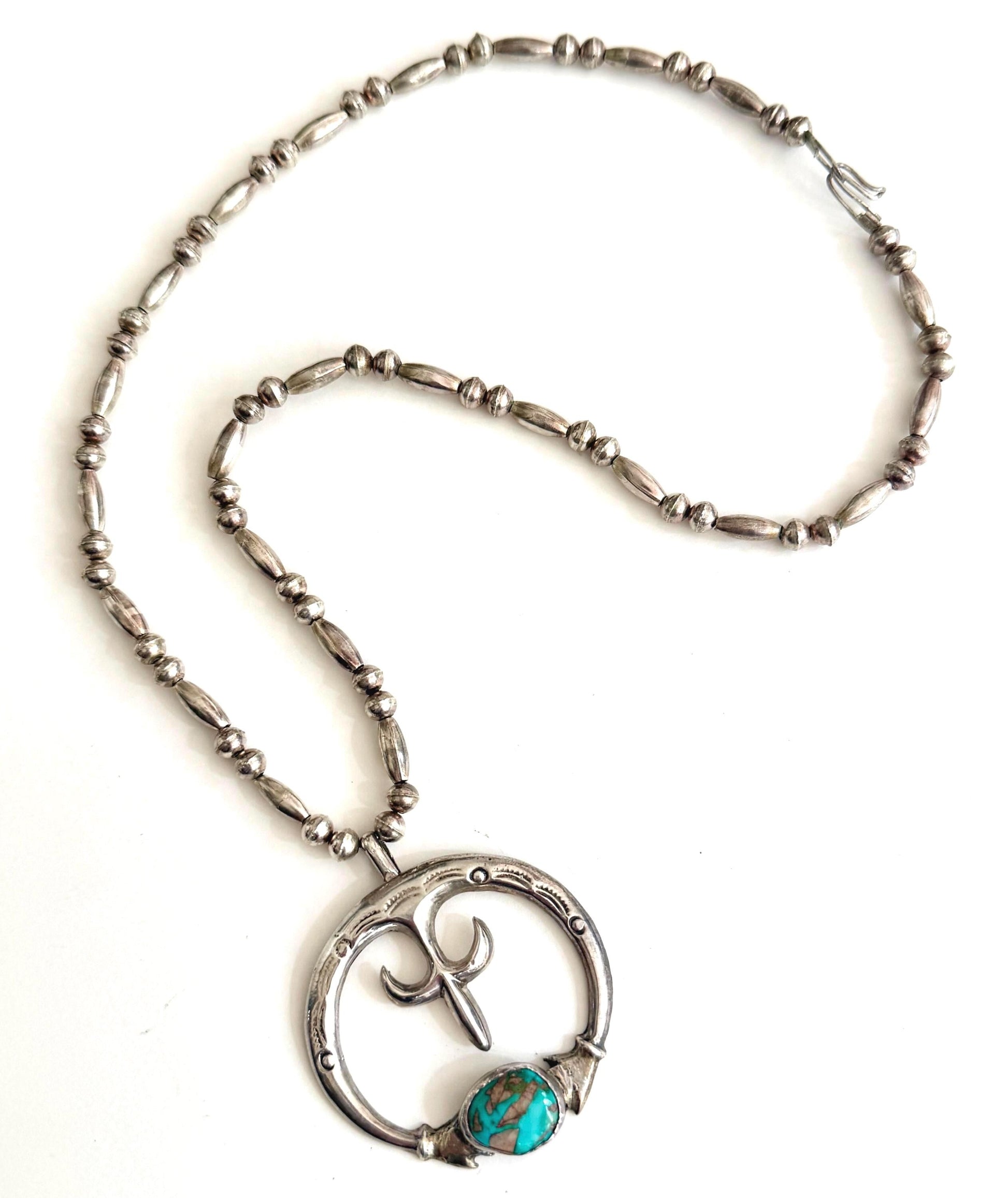 Vintage Navajo Turquoise Naja Pendant Necklace Cast Sterling Silver 25"
