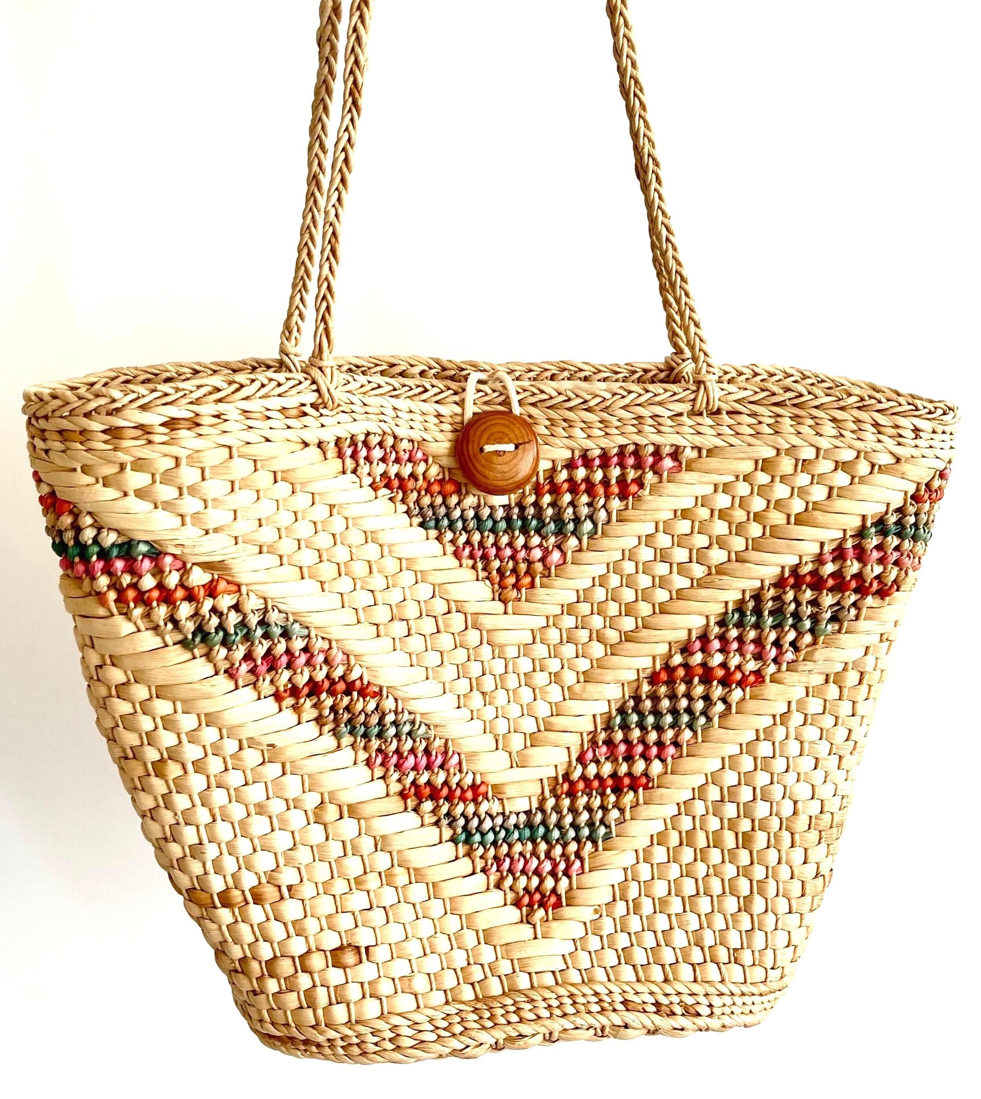Boho Vintage 70s Straw Bag Market Summer Beach Style