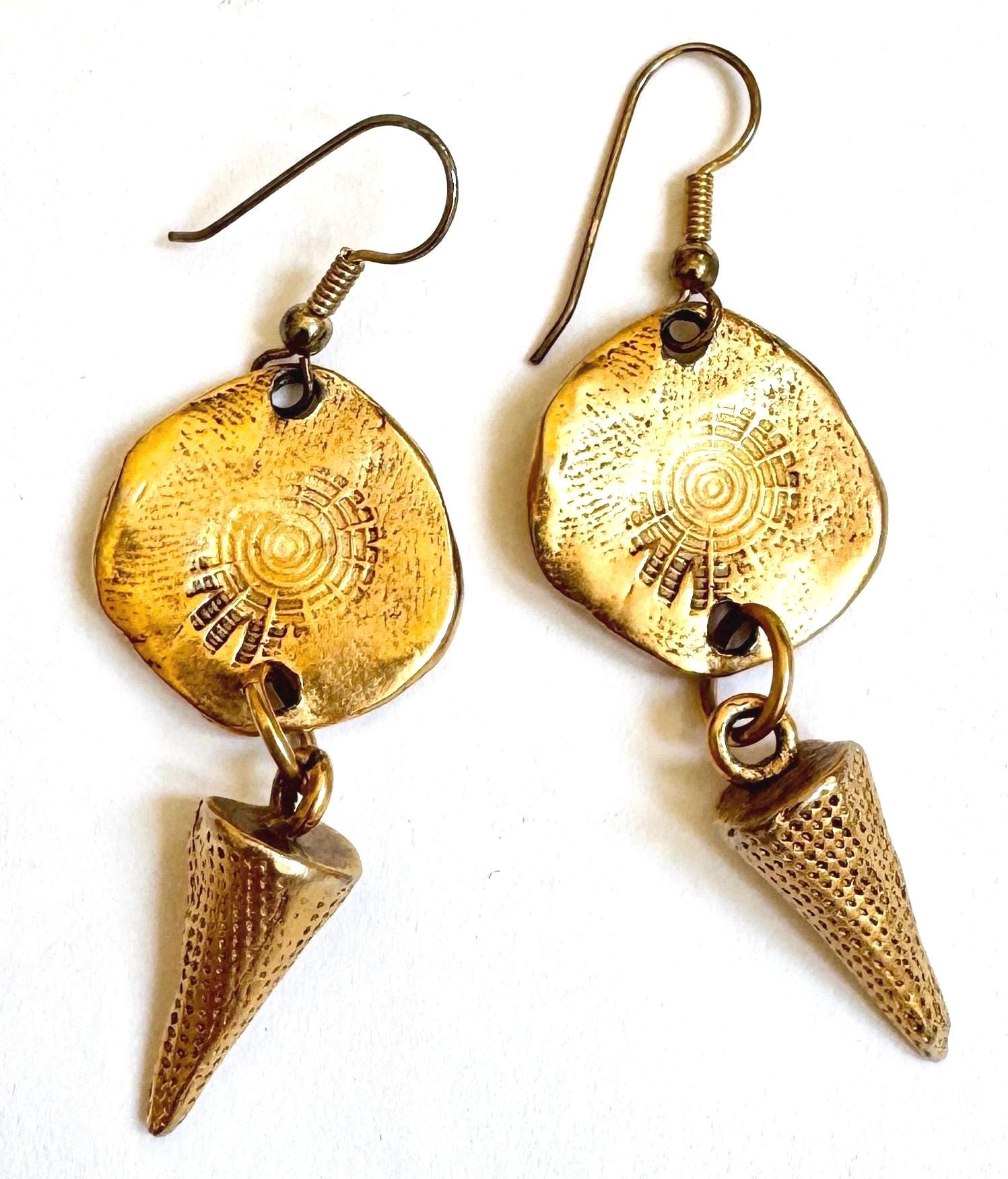 Vintage Matte Gold Tone Celestial Stamp Drop Earrings 2-3/4"
