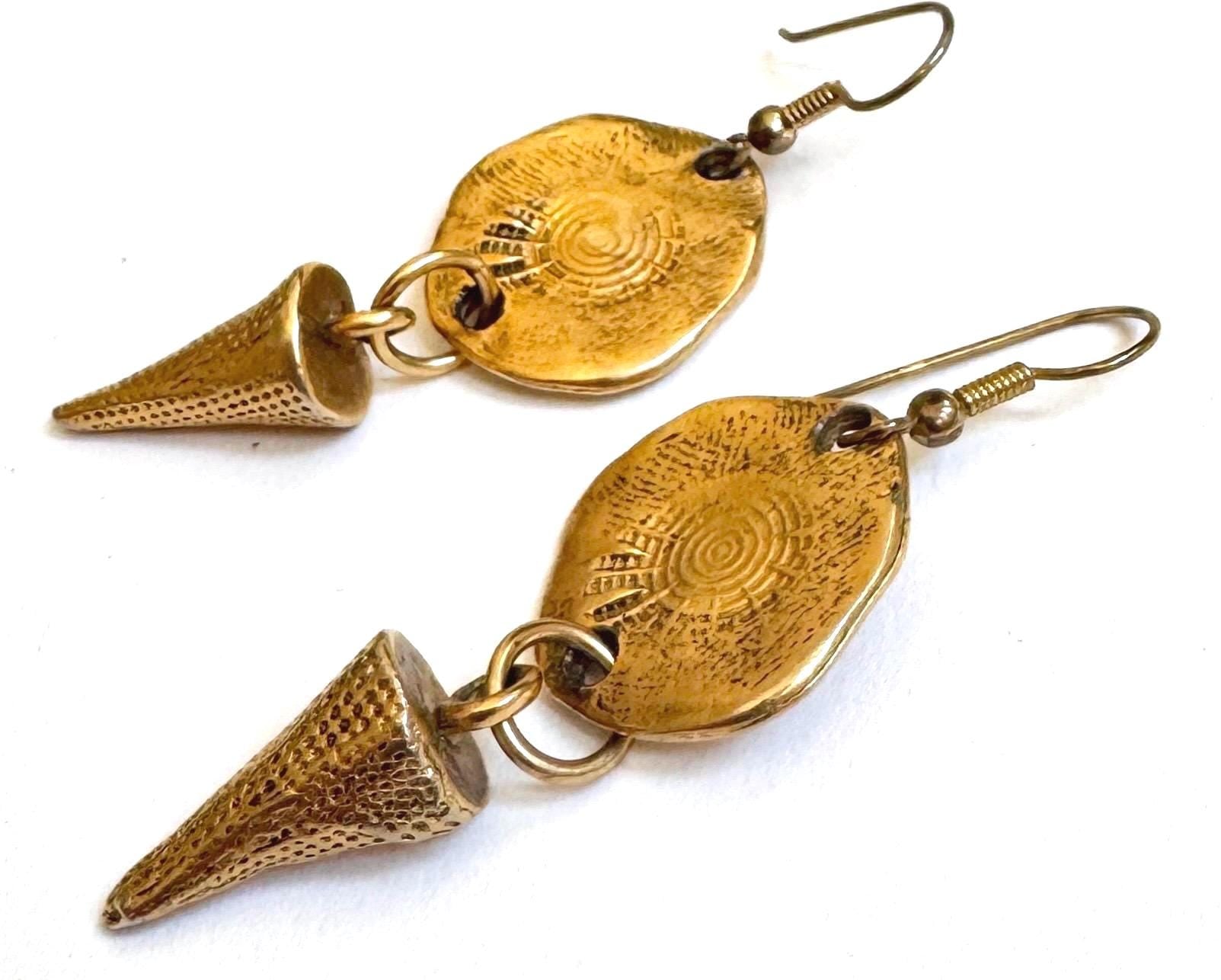 Vintage Matte Gold Tone Celestial Stamp Drop Earrings 2-3/4"