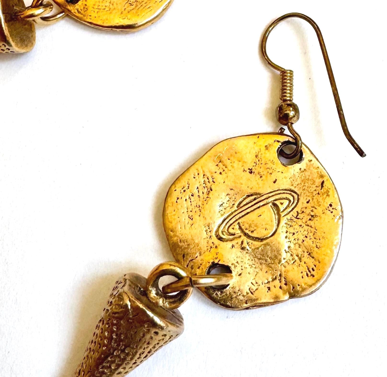 Vintage Matte Gold Tone Celestial Stamp Drop Earrings 2-3/4"