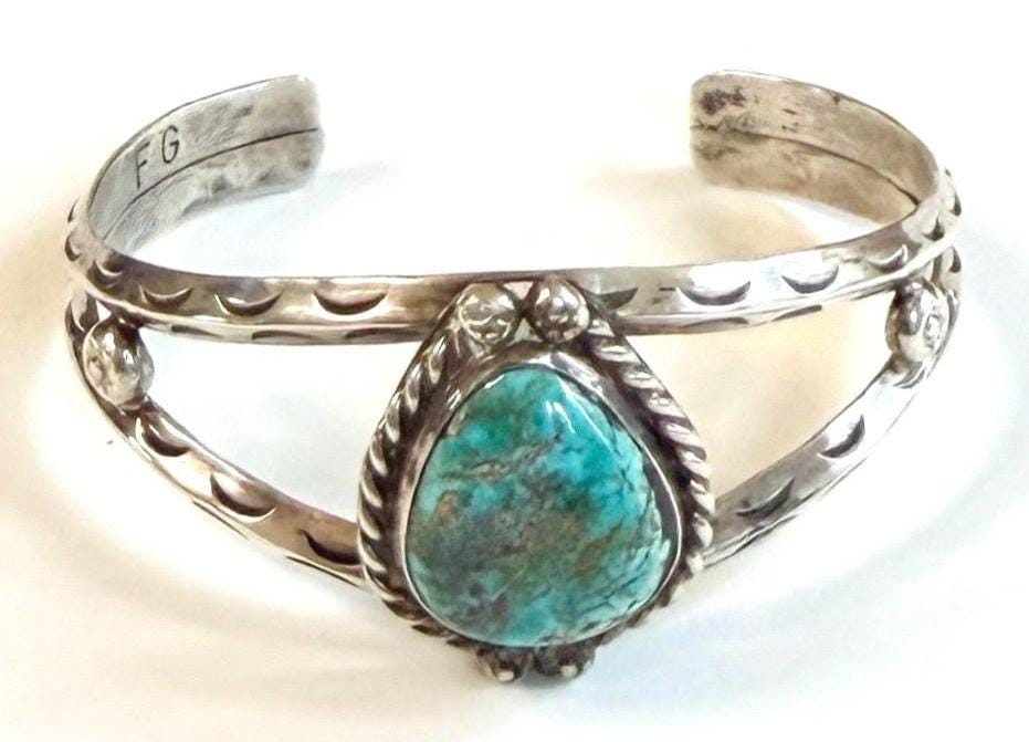 Vintage Navajo Turquoise Cuff Bracelet 60s 70s Signed Native American Sterling Silver