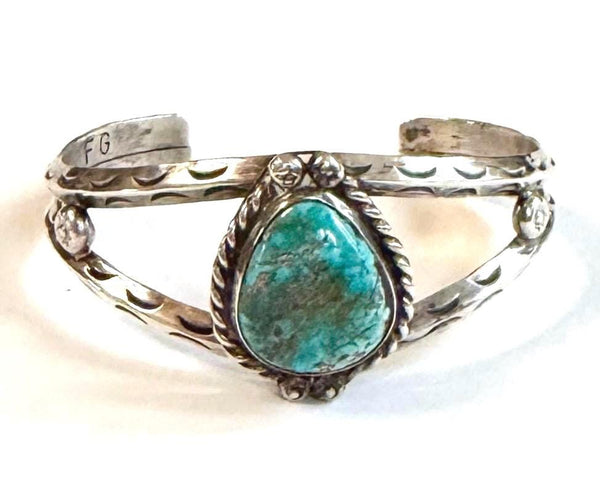Vintage Navajo Turquoise Cuff Bracelet 60s 70s Signed Native American Sterling Silver