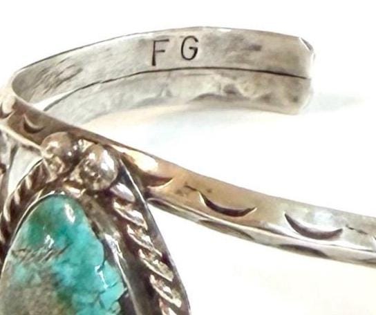 Vintage Navajo Turquoise Cuff Bracelet 60s 70s Signed Native American Sterling Silver