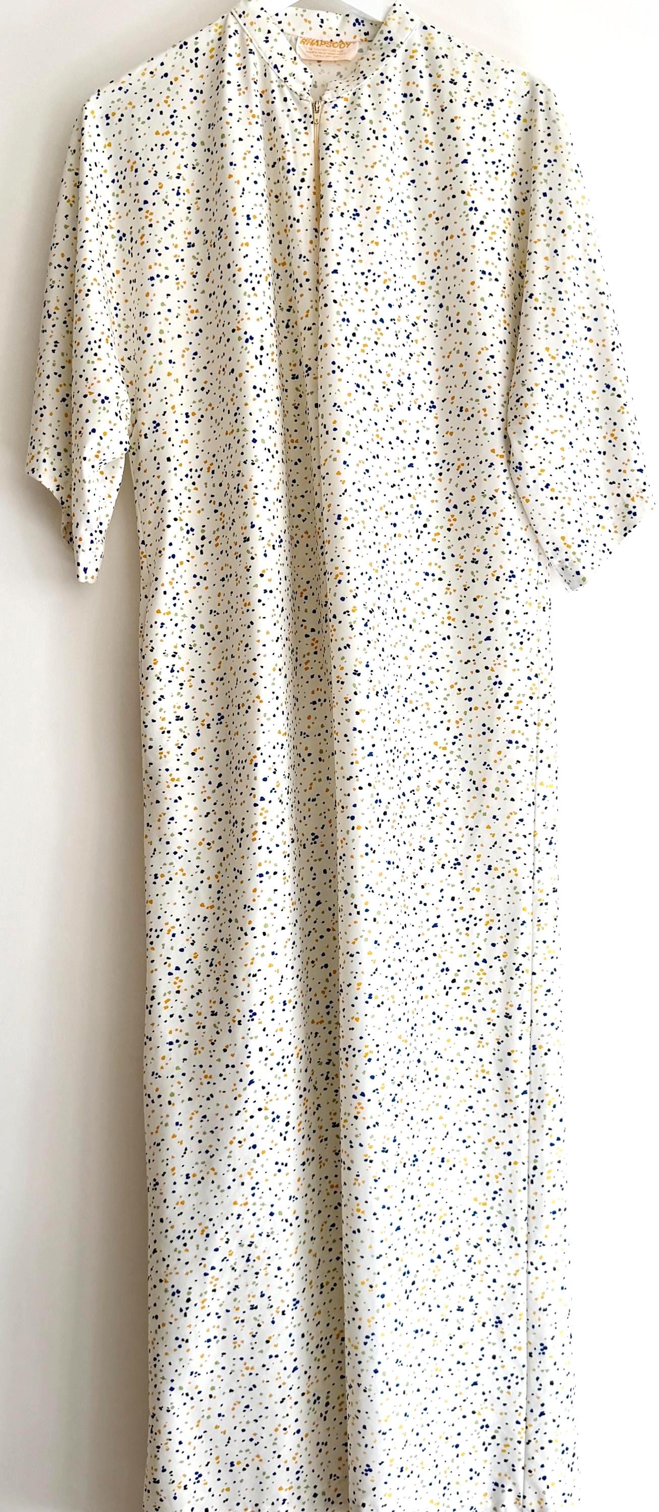 Vintage 70s Caftan Cover Up Speckled Print White Nylon