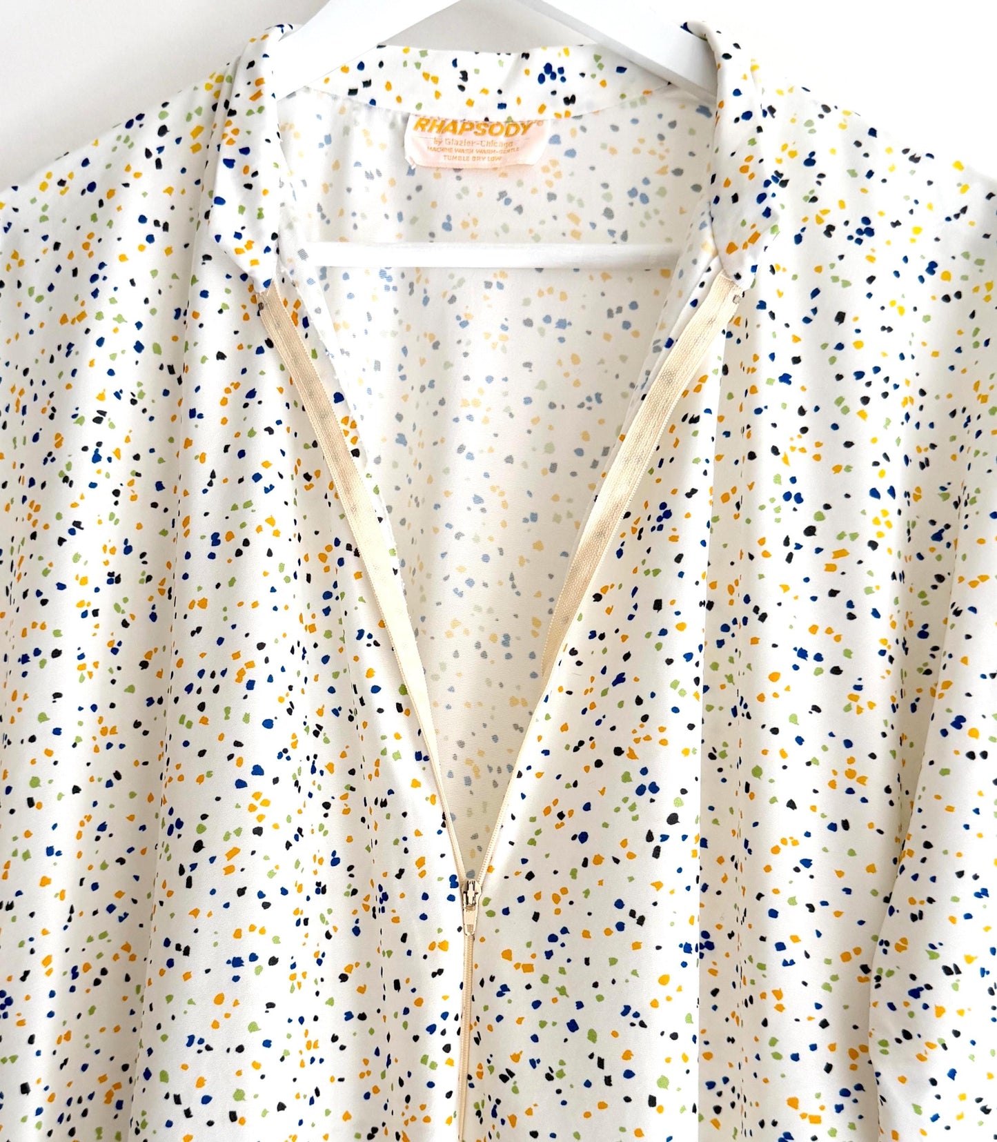 Vintage 70s Caftan Cover Up Speckled Print White Nylon