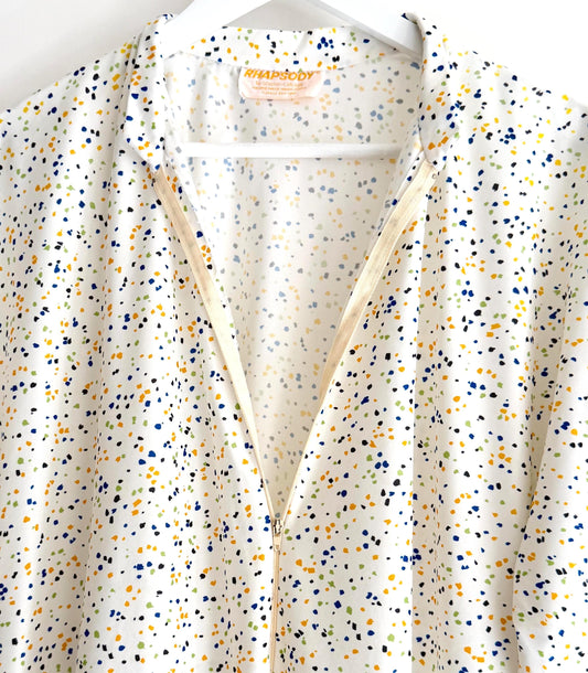 Vintage 70s Caftan Cover Up Speckled Print White Nylon