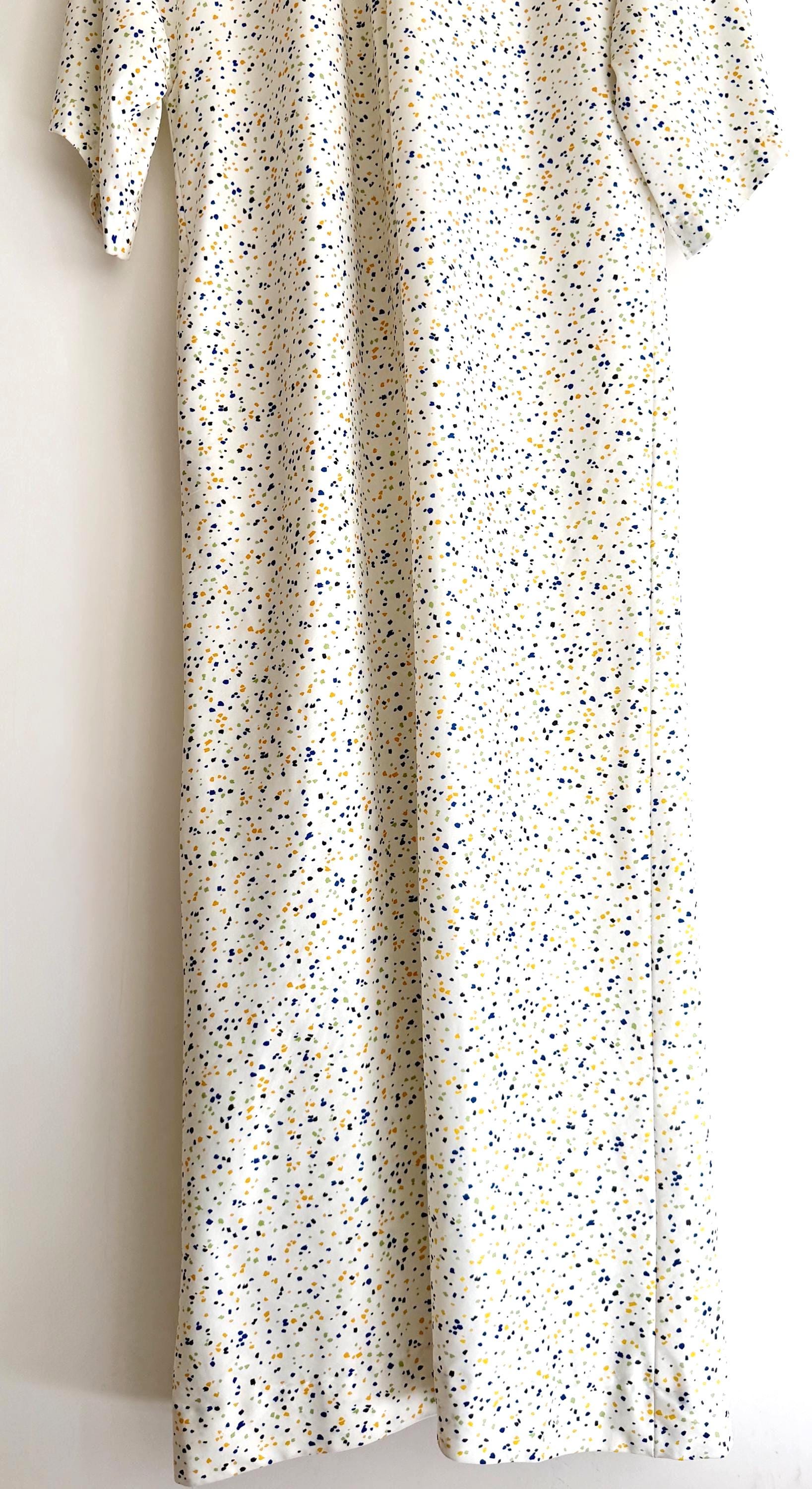 Vintage 70s Caftan Cover Up Speckled Print White Nylon