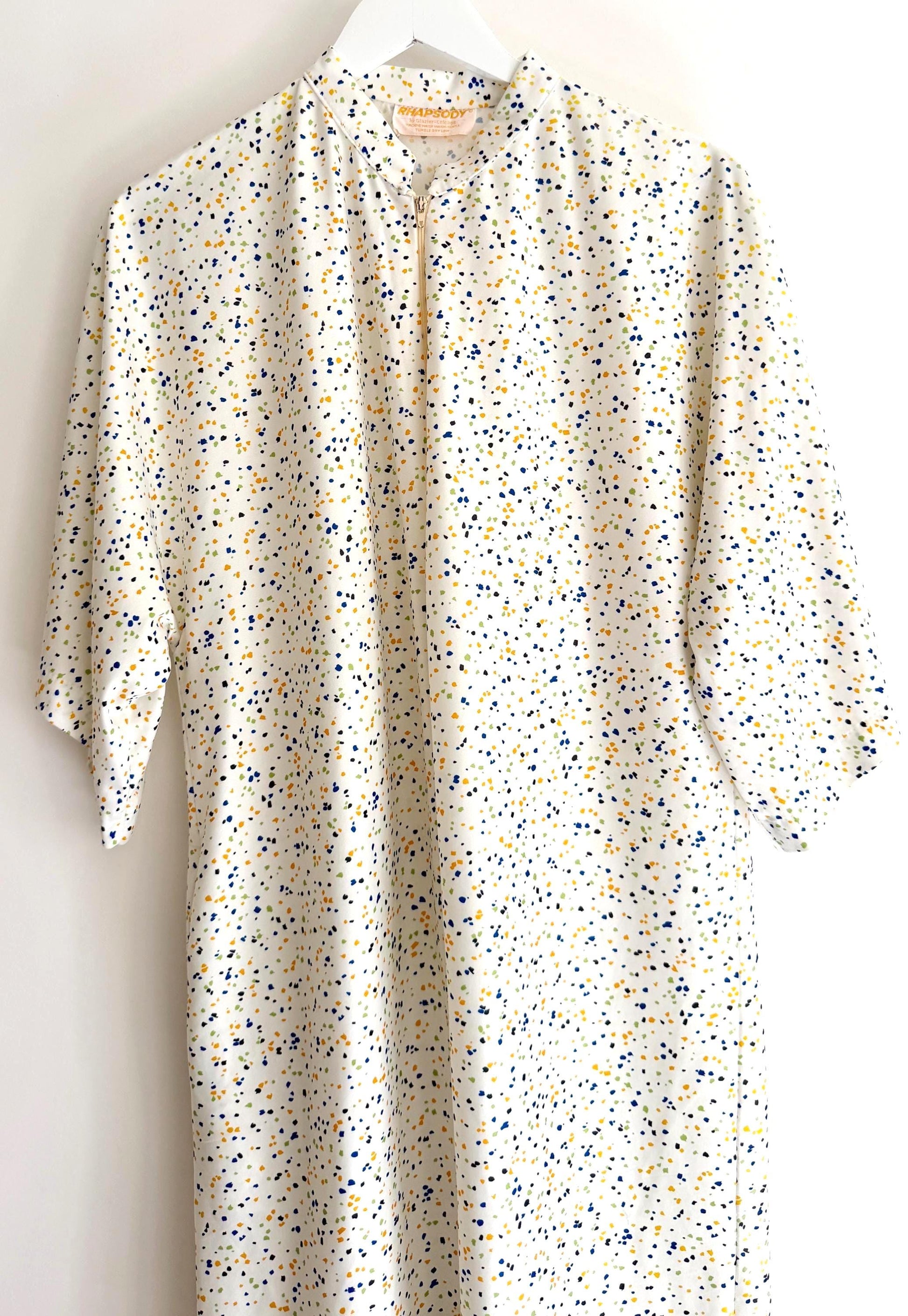 Vintage 70s Caftan Cover Up Speckled Print White Nylon