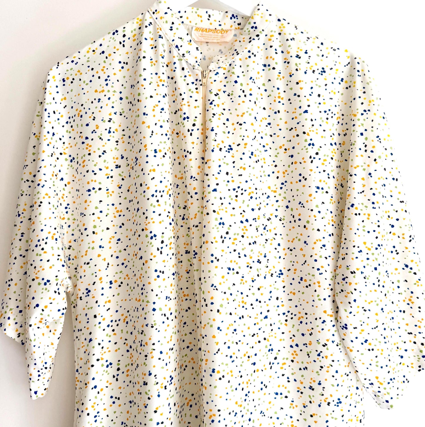 Vintage 70s Caftan Cover Up Speckled Print White Nylon