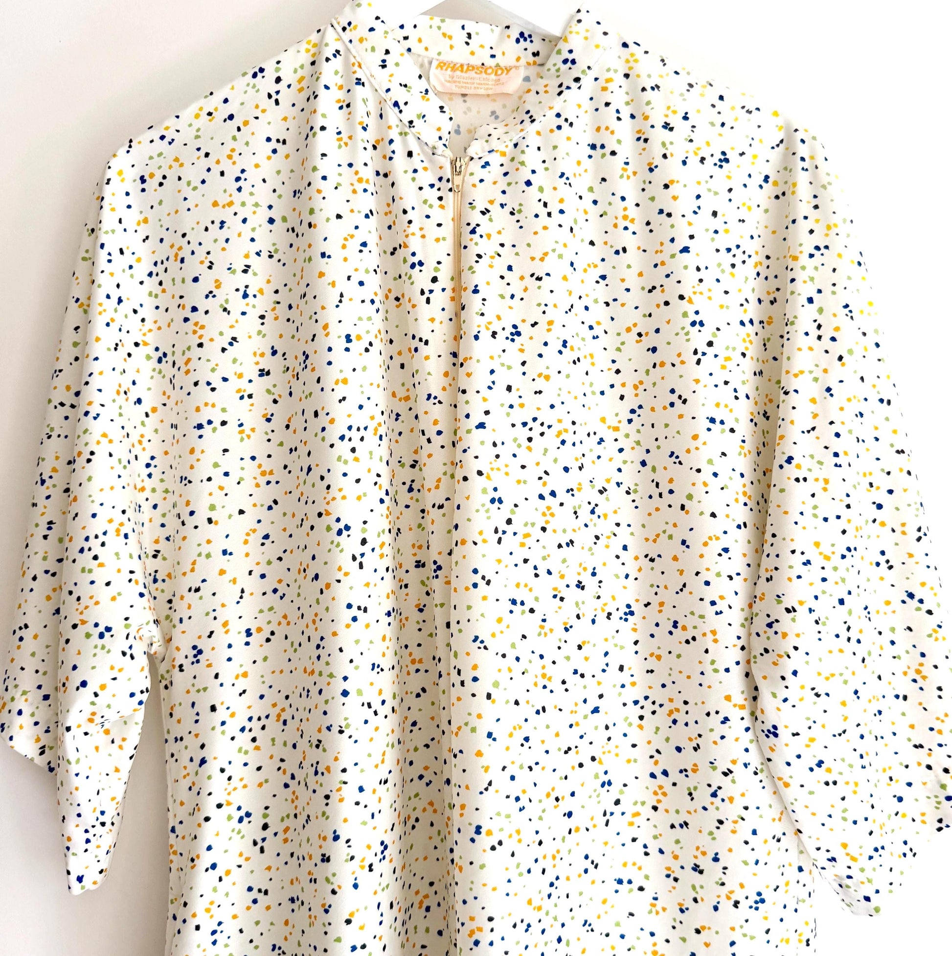 Vintage 70s Caftan Cover Up Speckled Print White Nylon