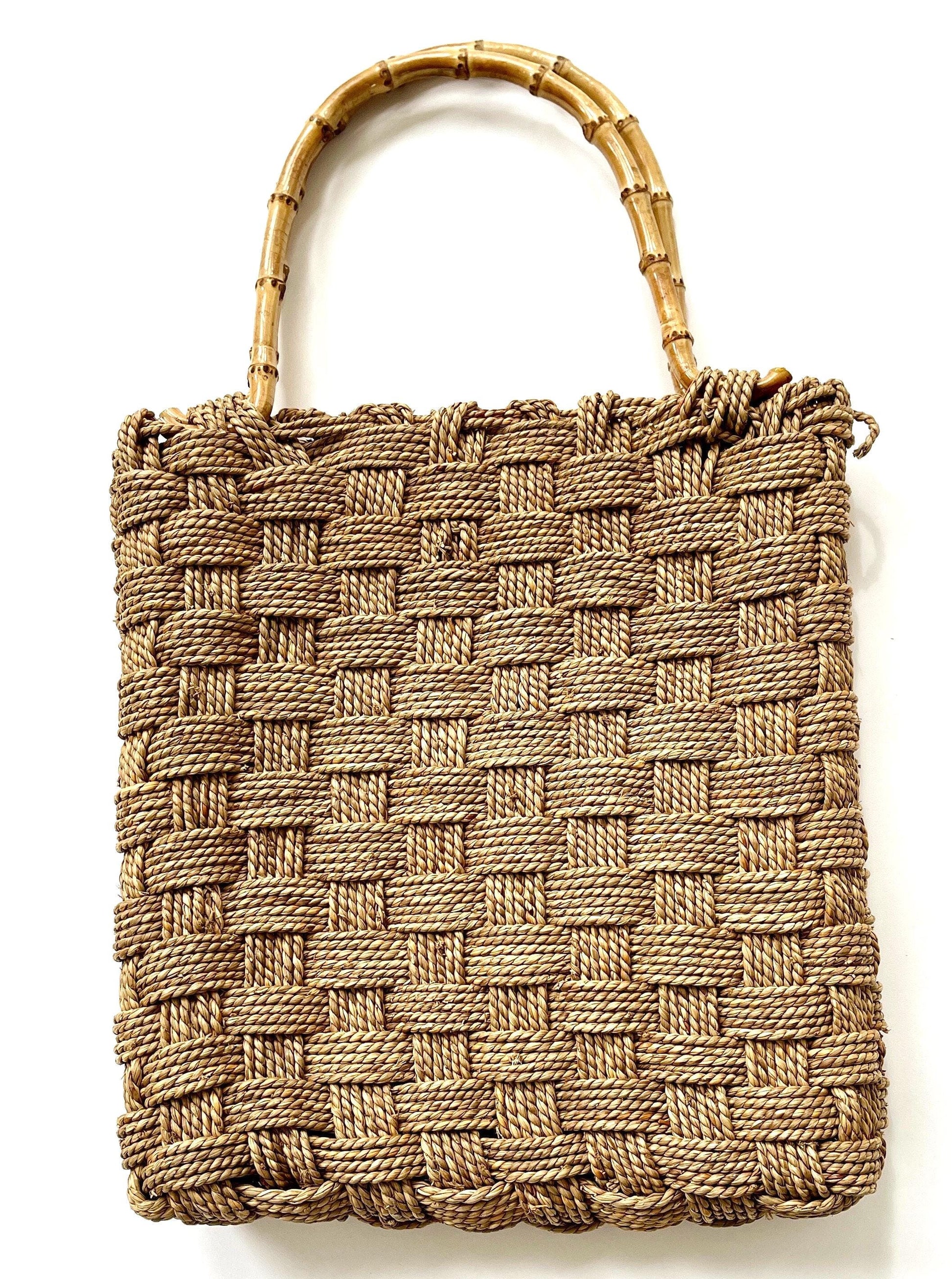 Vintage Bamboo Handle Bag Beige Basketweave Woven Sisal