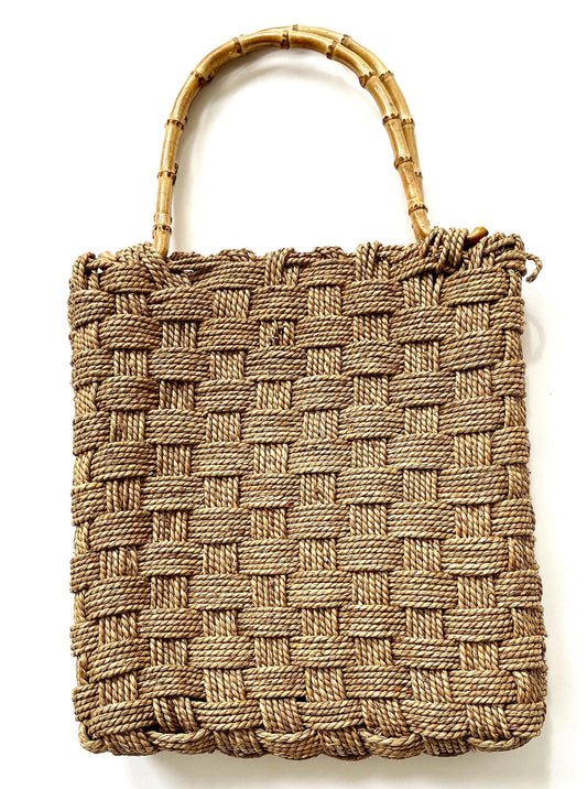Vintage Bamboo Handle Bag Beige Basketweave Woven Sisal
