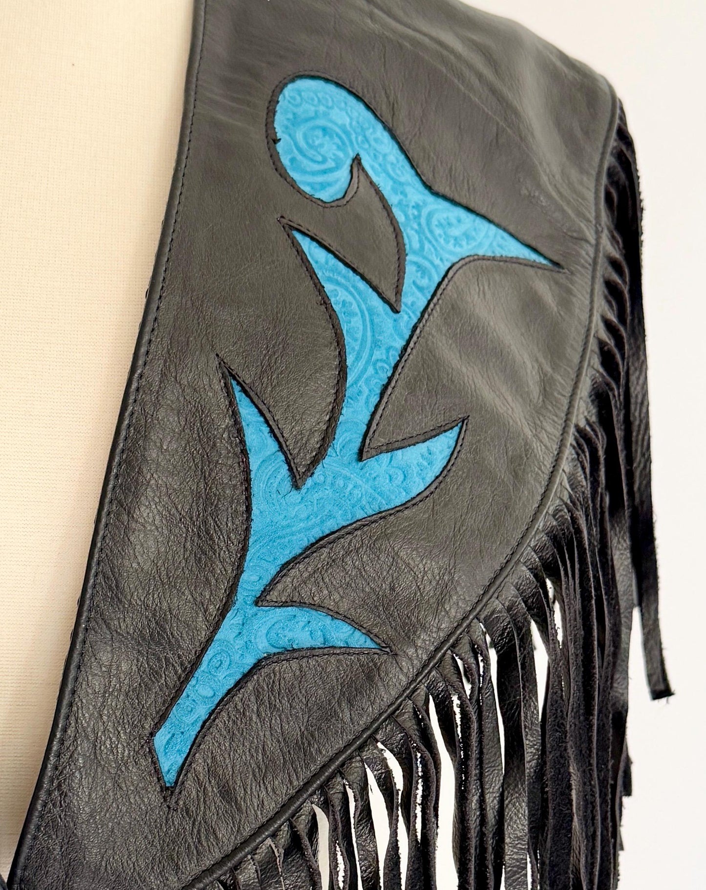Vintage Western Fringe Capelet Poncho Inlaid Black Leather