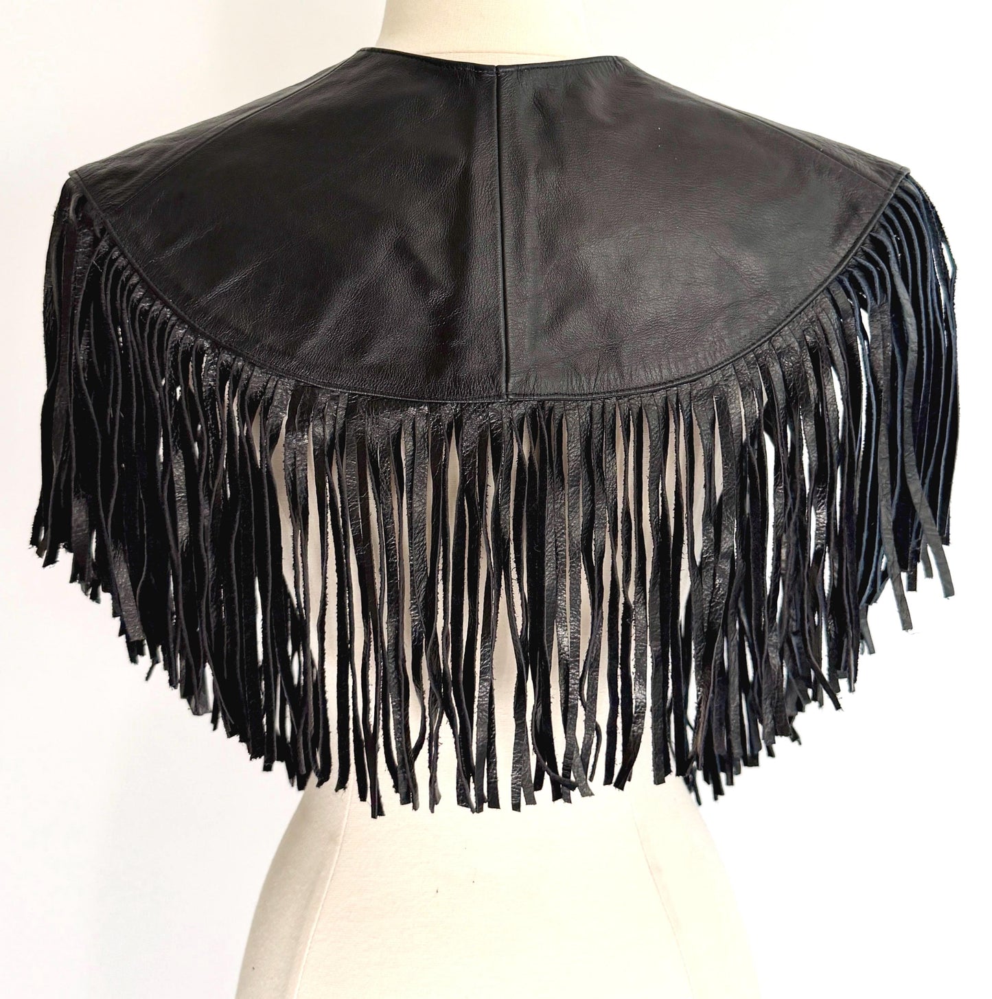 Vintage Western Fringe Capelet Poncho Inlaid Black Leather