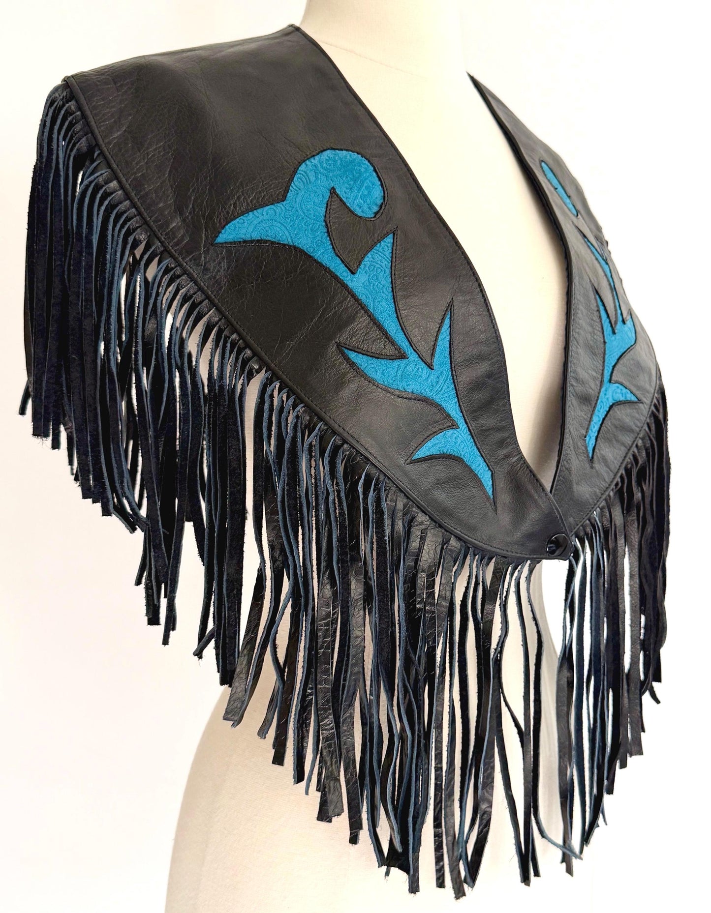 Vintage Western Fringe Capelet Poncho Inlaid Black Leather