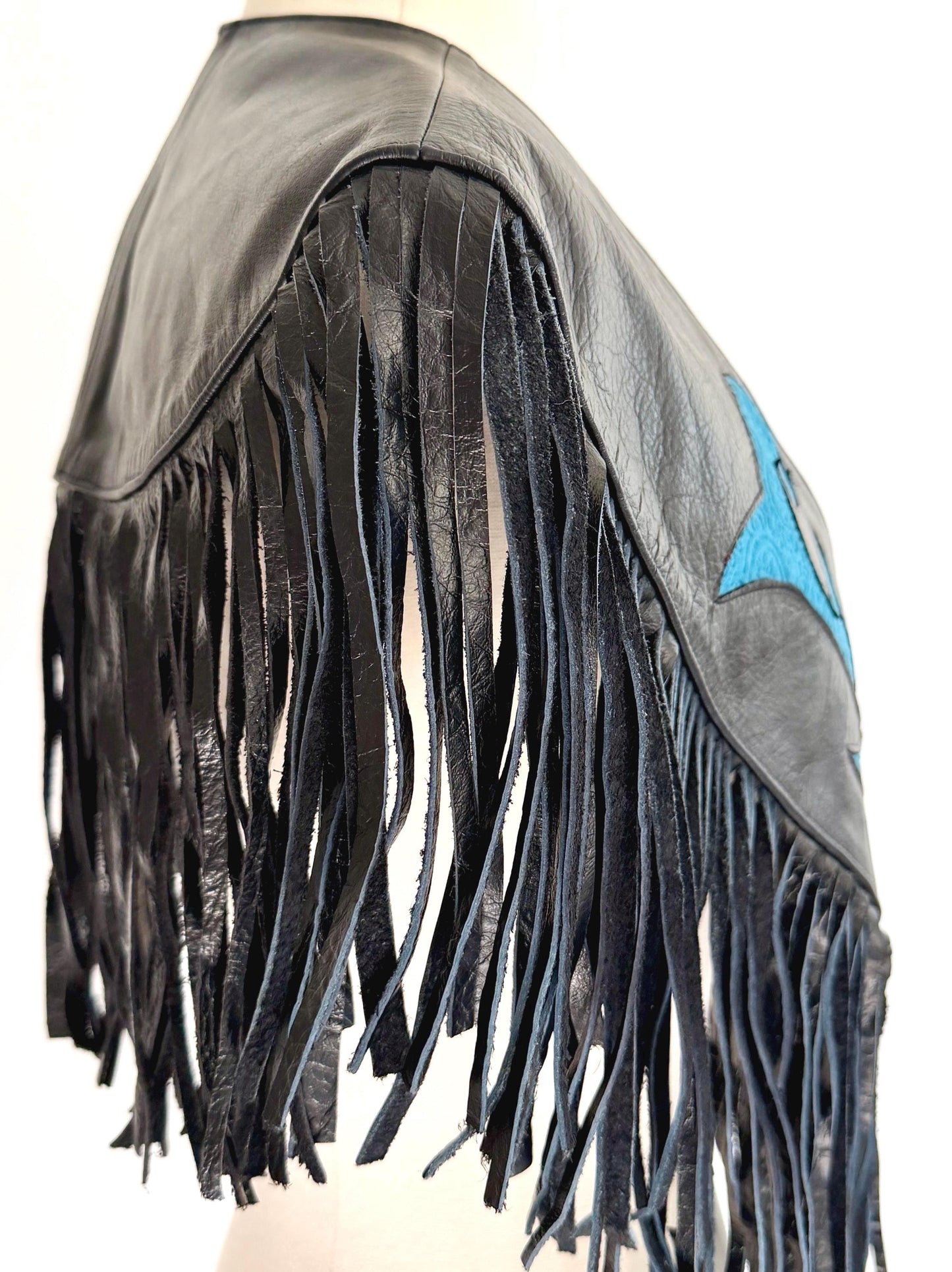 Vintage Western Fringe Capelet Poncho Inlaid Black Leather