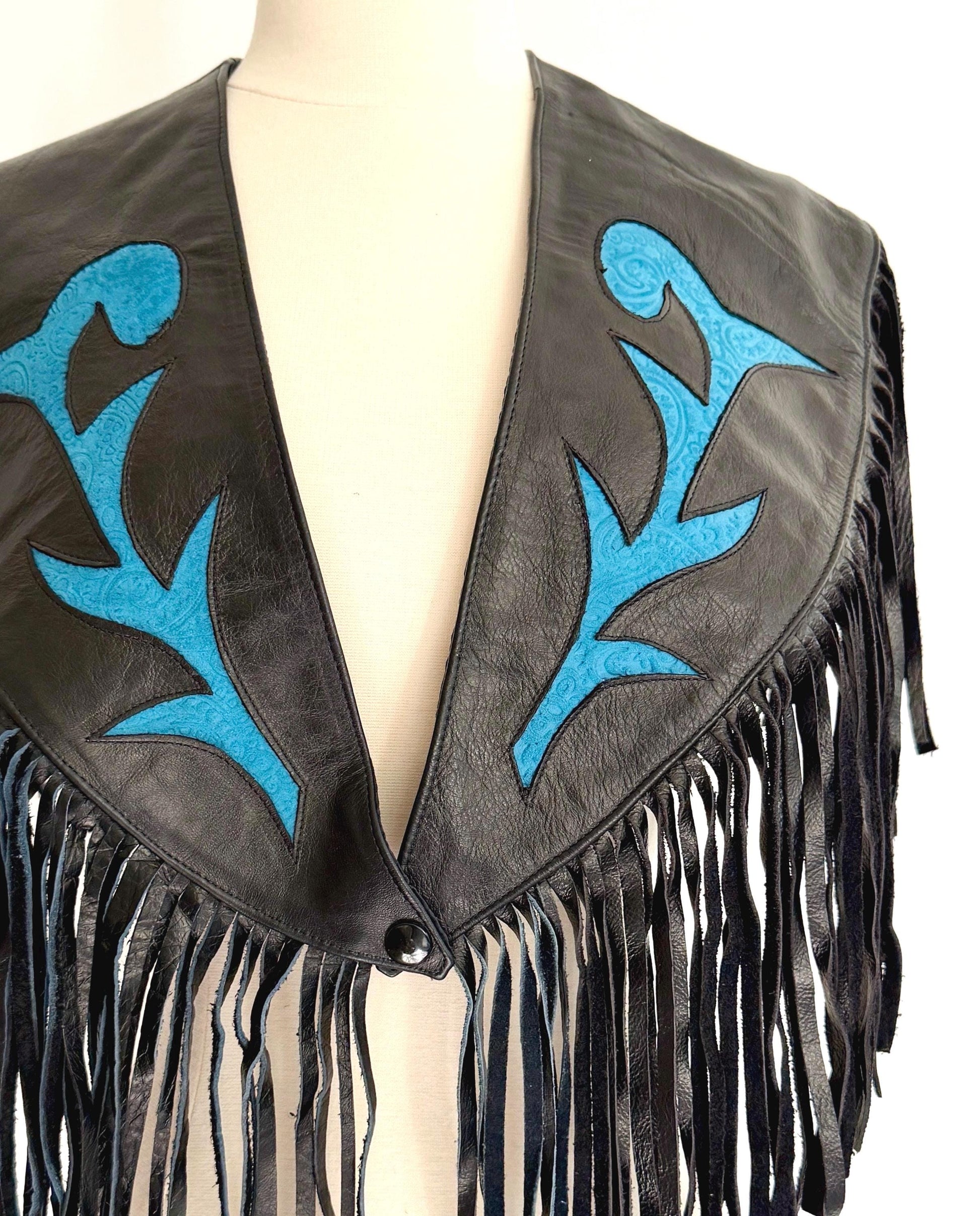 Vintage Western Fringe Capelet Poncho Inlaid Black Leather