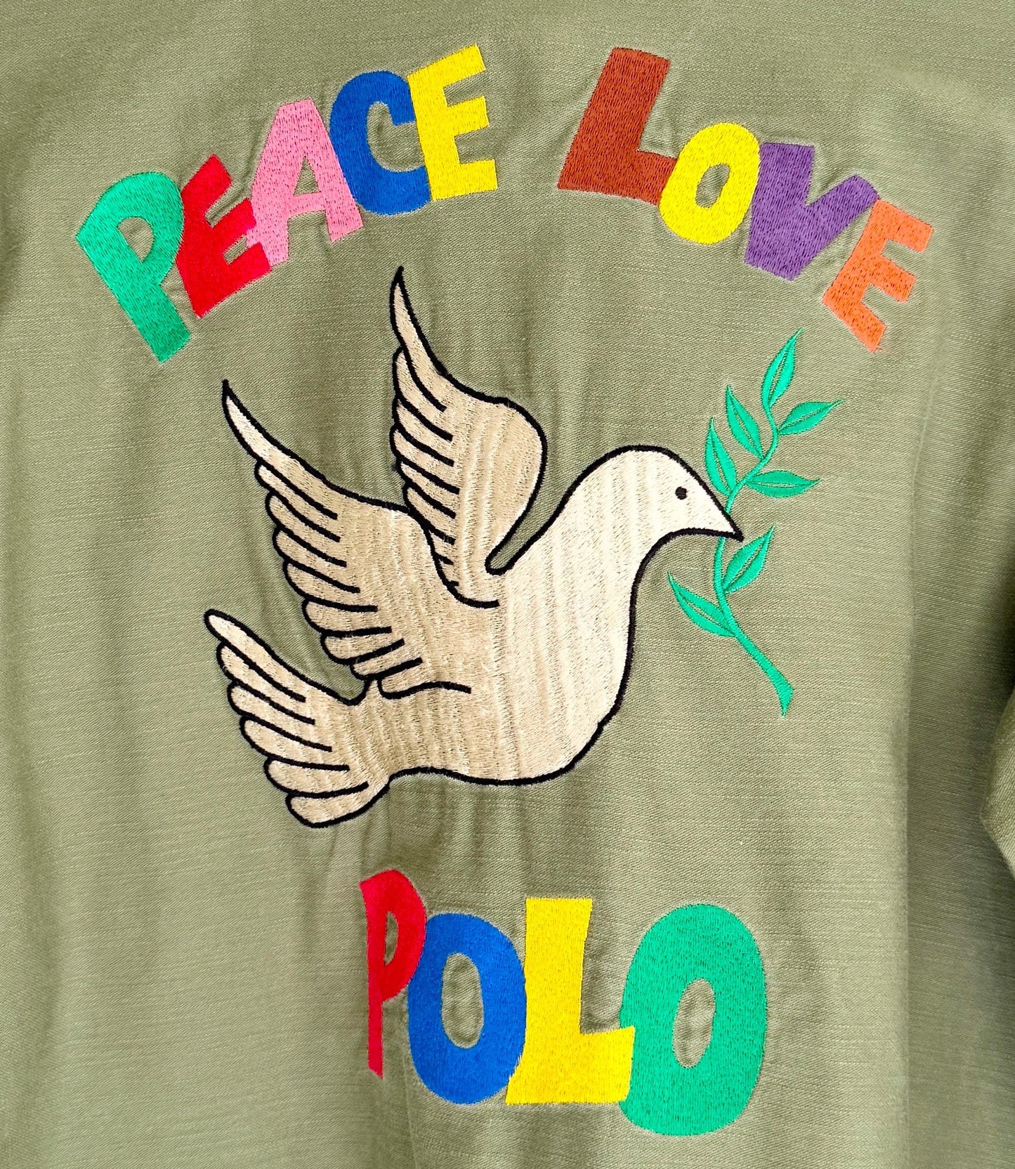 Peace Love Polo Embroidered Over Shirt Army Green