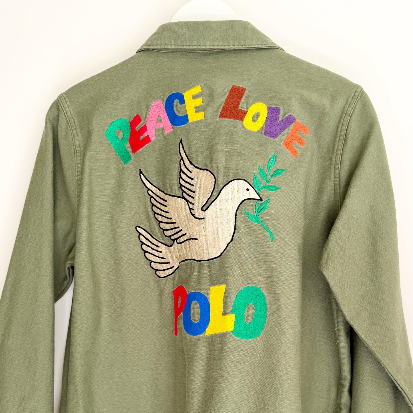 Peace Love Polo Embroidered Over Shirt Army Green
