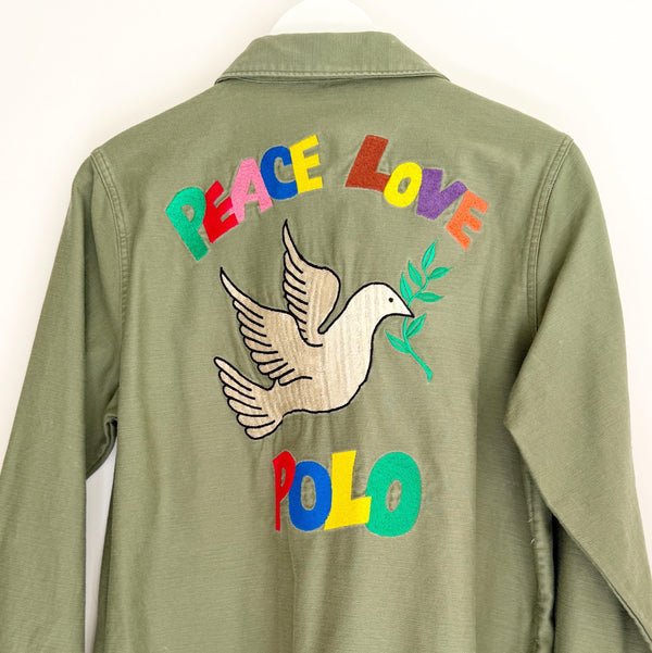Peace Love Polo Embroidered Over Shirt Army Green