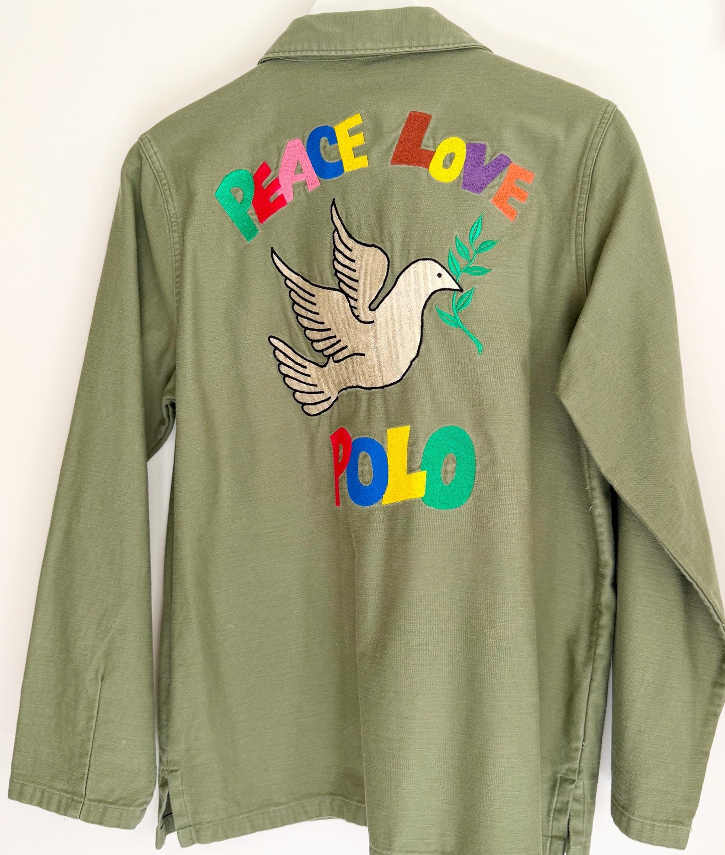 Peace Love Polo Embroidered Over Shirt Army Green