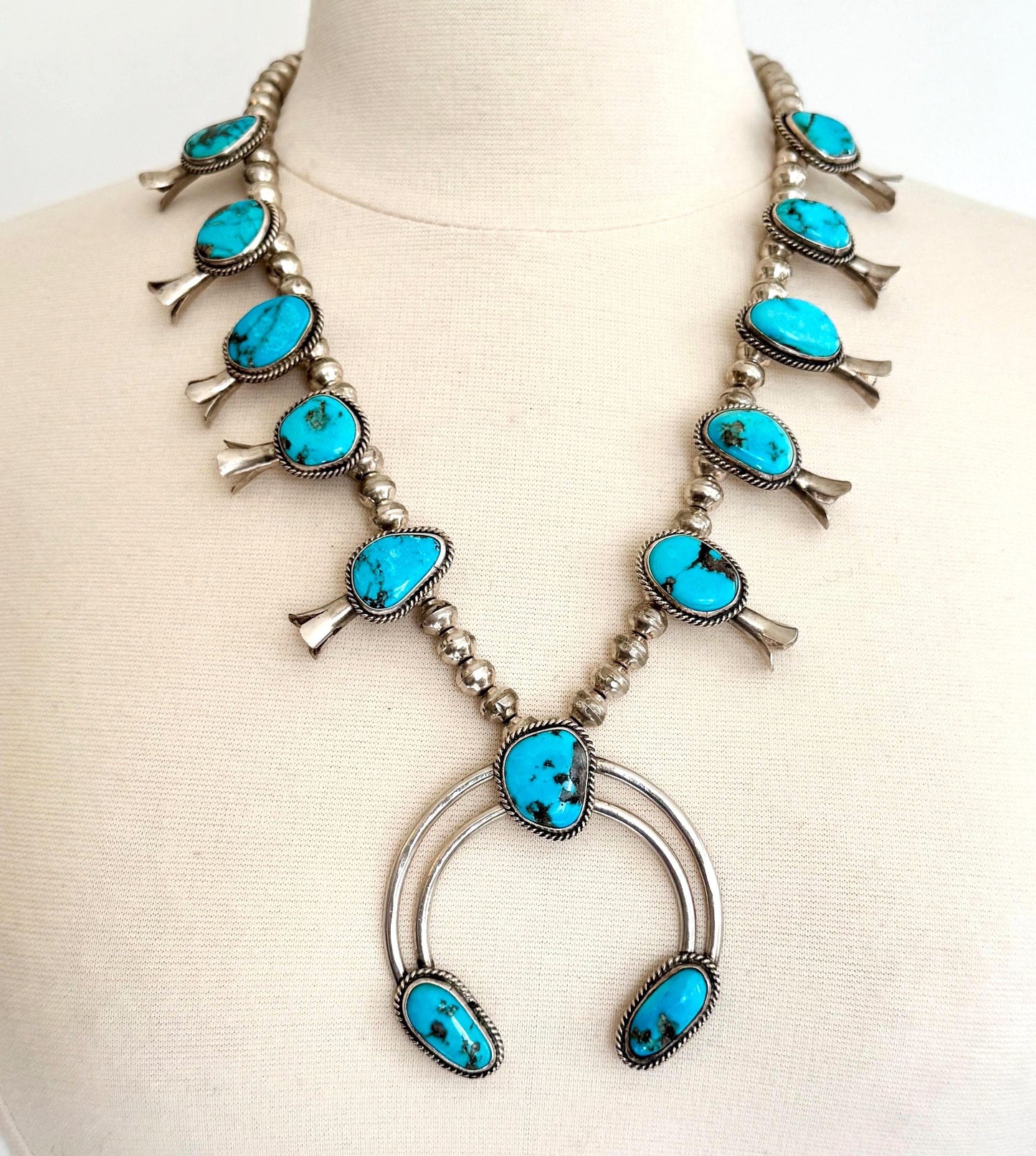 Vintage Western Turquoise Squash Blossom Necklace Native American Navajo Handmade Sterling Silver