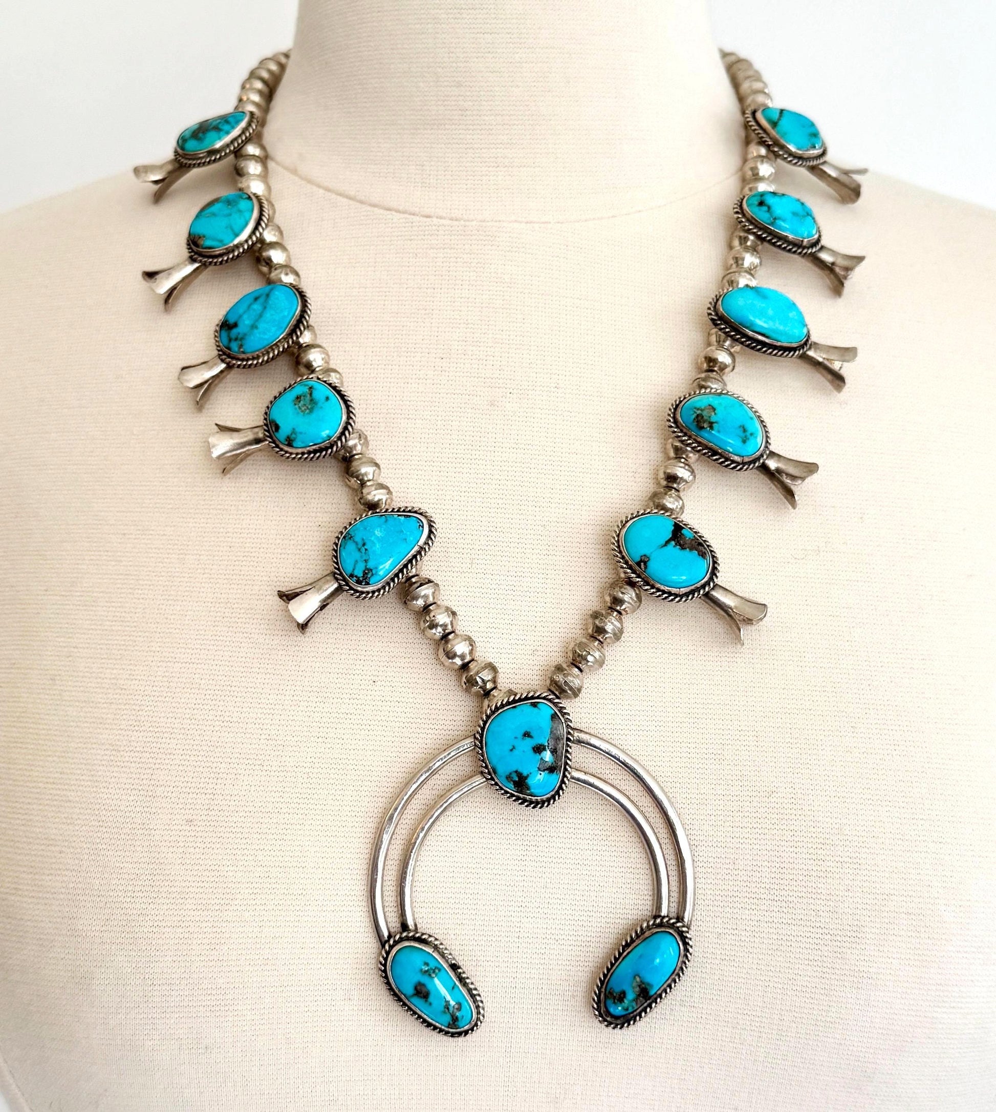 Vintage Western Turquoise Squash Blossom Necklace Native American Navajo Handmade Sterling Silver