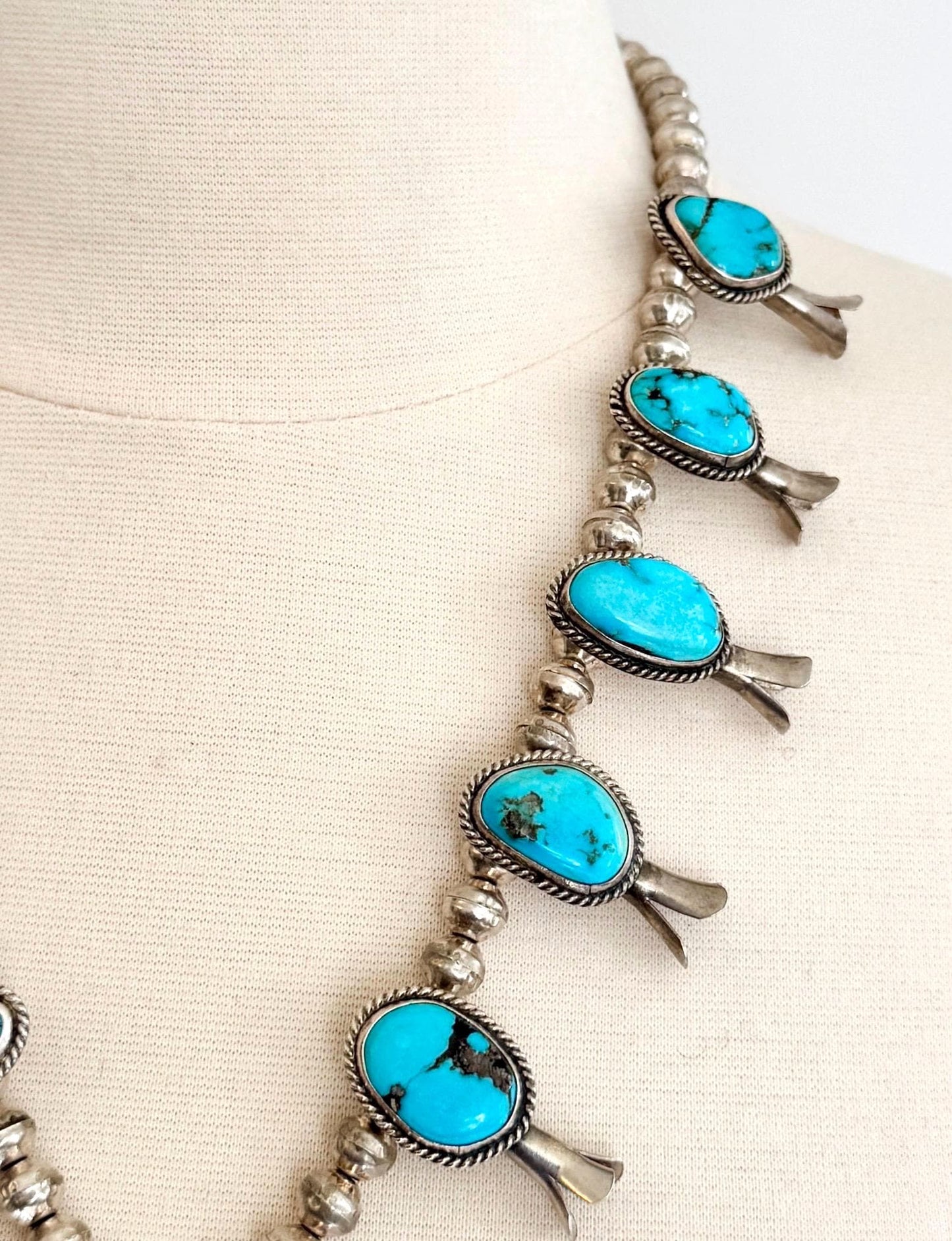 Vintage Western Turquoise Squash Blossom Necklace Native American Navajo Handmade Sterling Silver