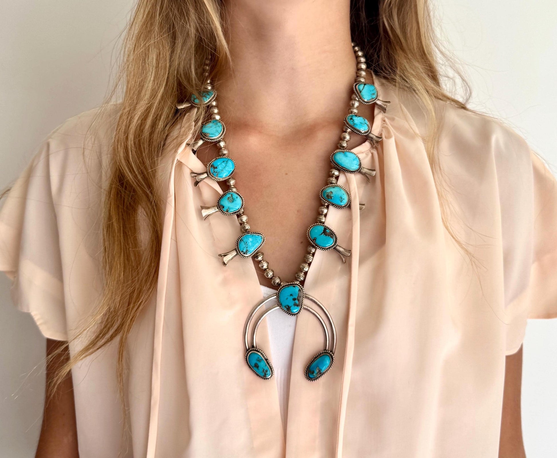 Vintage Western Turquoise Squash Blossom Necklace Native American Navajo Handmade Sterling Silver