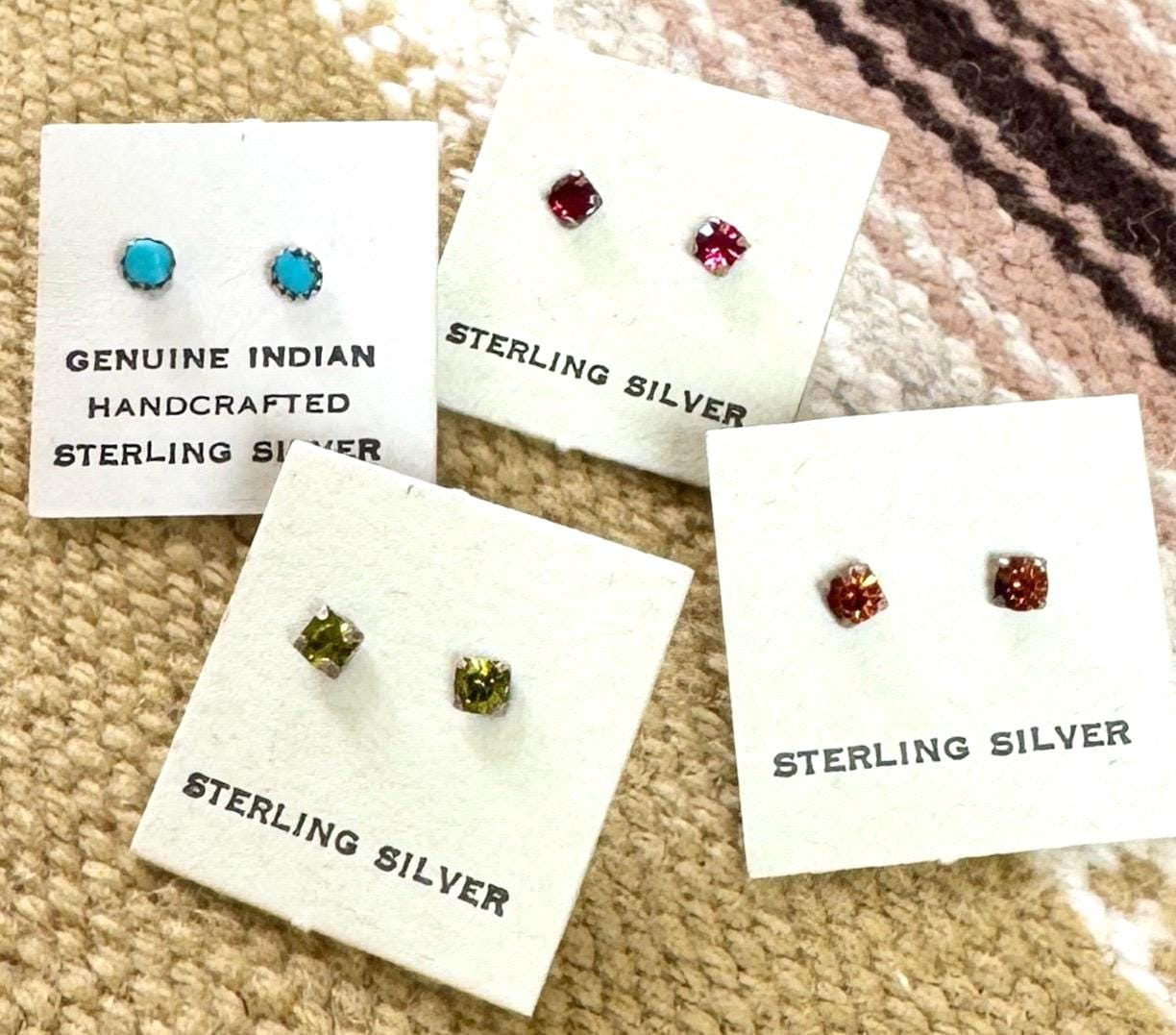 Tiny Vintage Sterling Silver Stud Earrings Turquoise Pink Citrine Amber