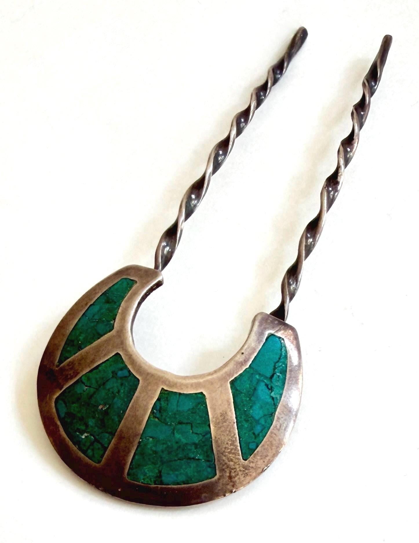 Sterling Silver Turquoise Hair Pin Vintage Native American Bun Holder