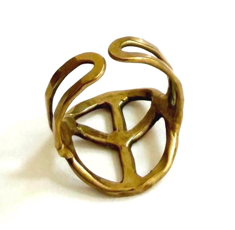 Vintage Peace Sign Ring Solid Brass Size 8
