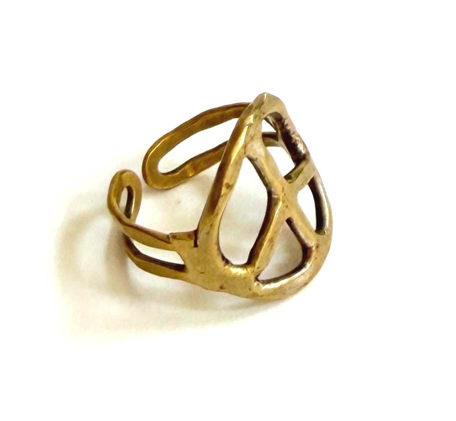Vintage Peace Sign Ring Solid Brass Size 8