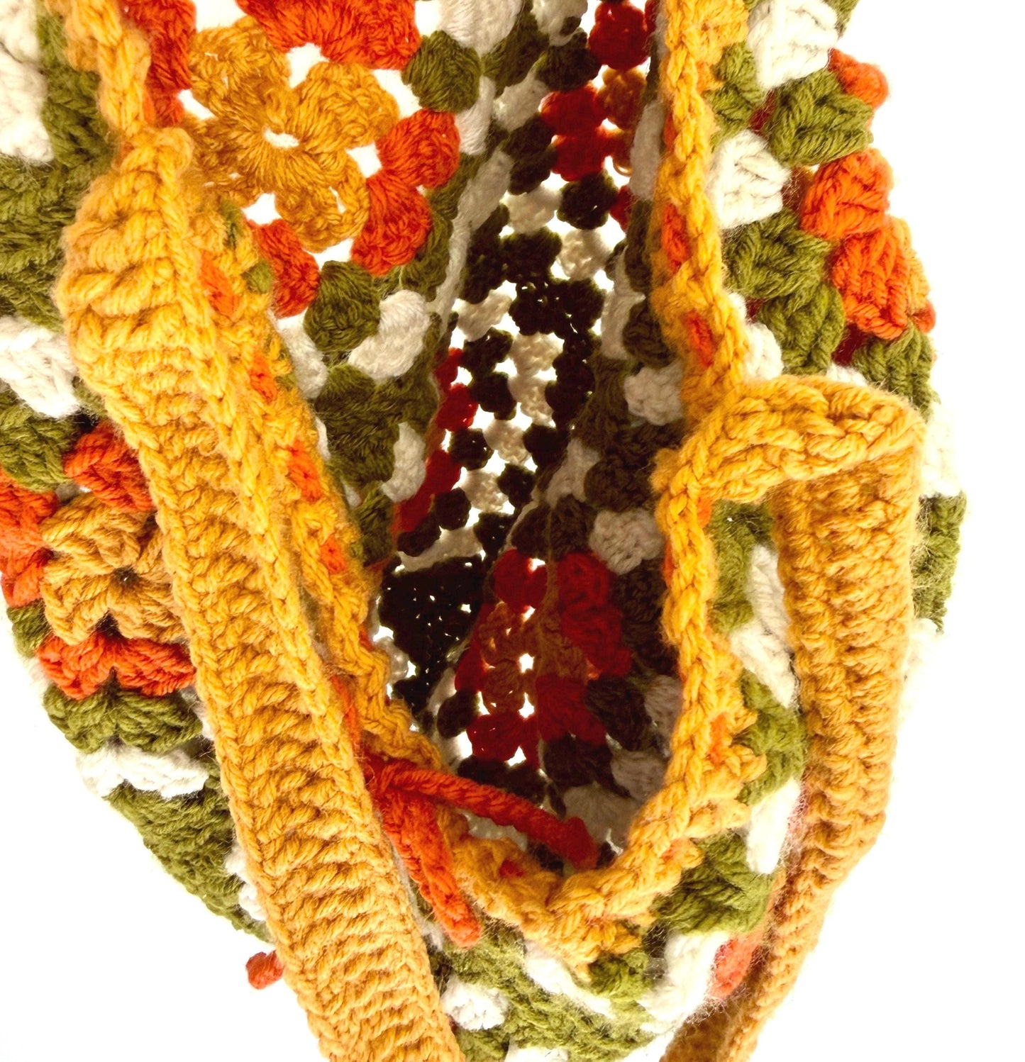 Vintage Hand Crochet Drawstring Bag Olive Green White Orange