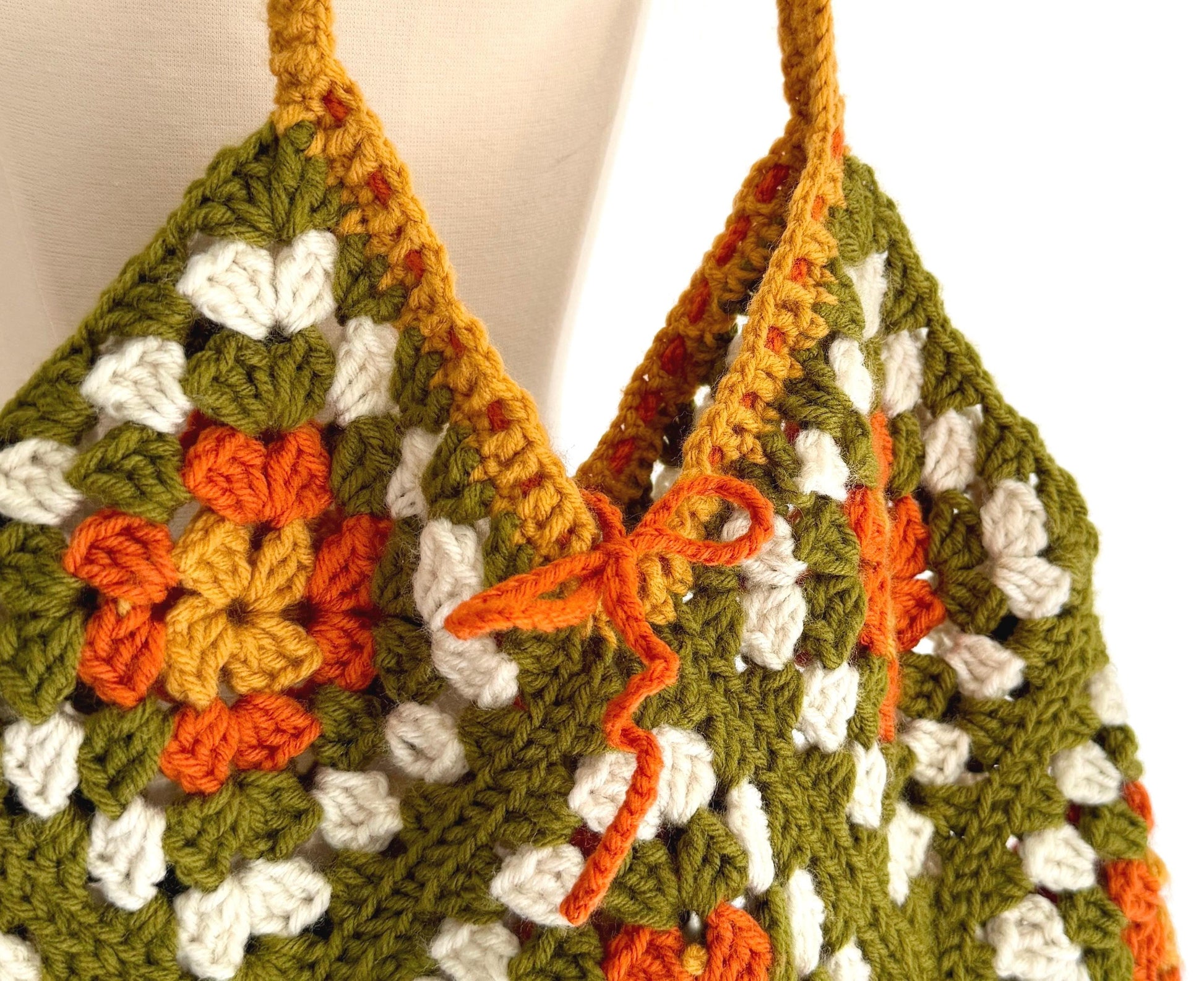 Vintage Hand Crochet Drawstring Bag Olive Green White Orange