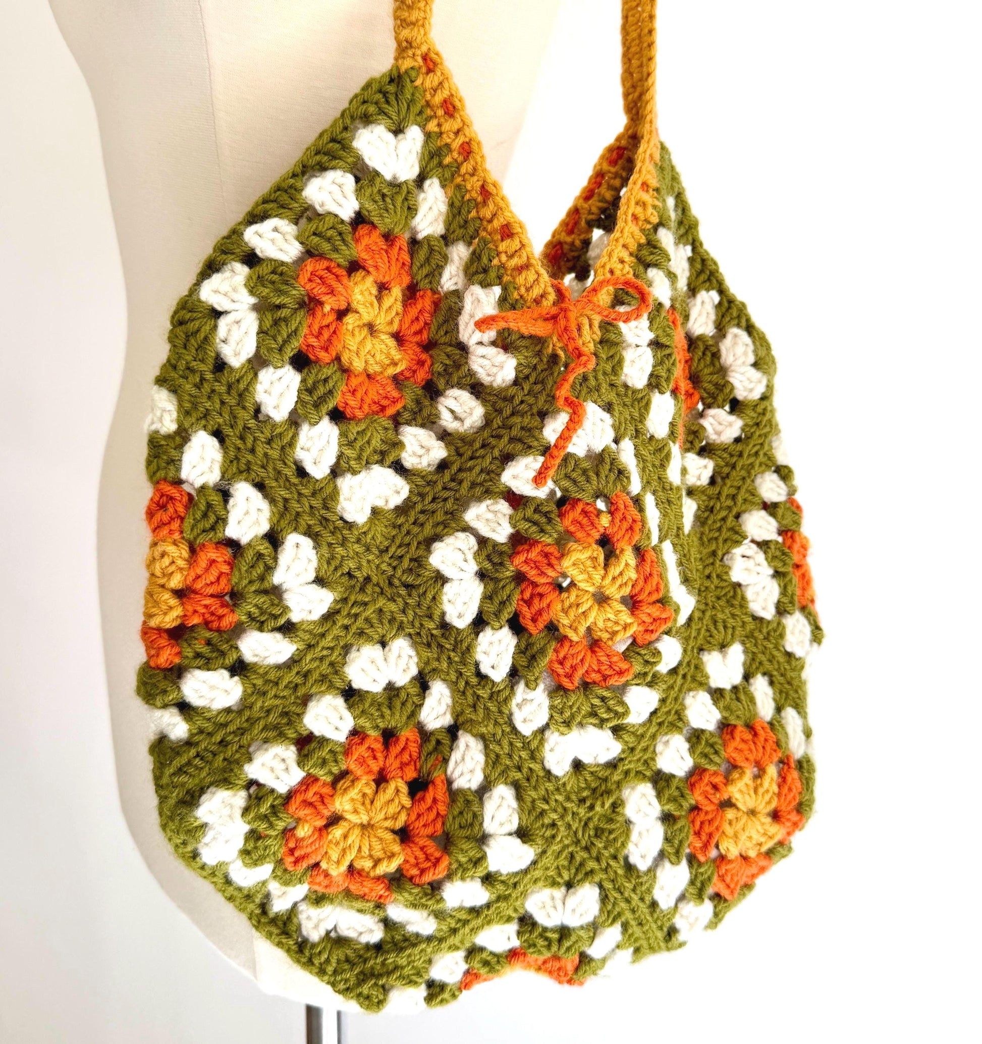 Vintage Hand Crochet Drawstring Bag Olive Green White Orange