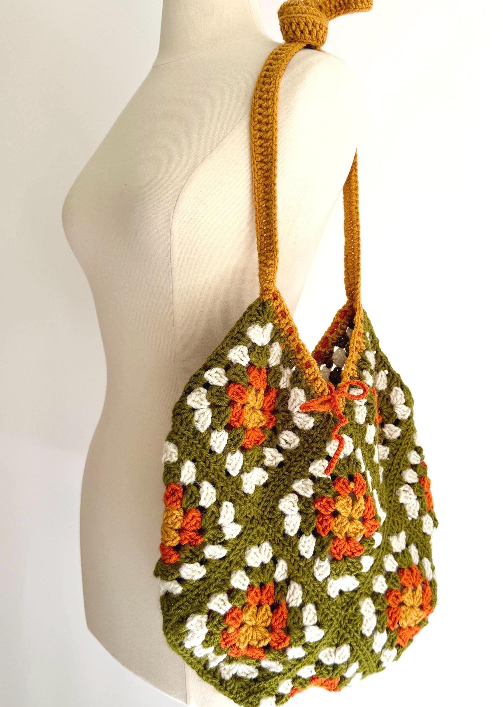 Vintage Hand Crochet Drawstring Bag Olive Green White Orange