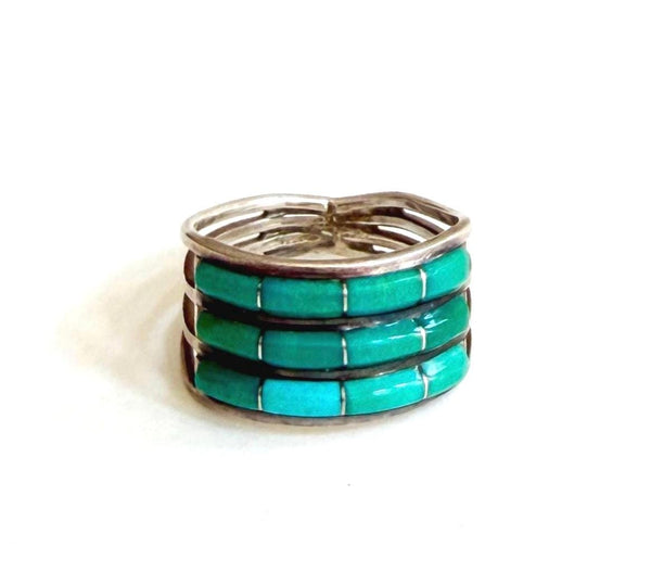 Vintage Zuni Turquoise Ring Band Native American Flush Channel Inlay Size 7