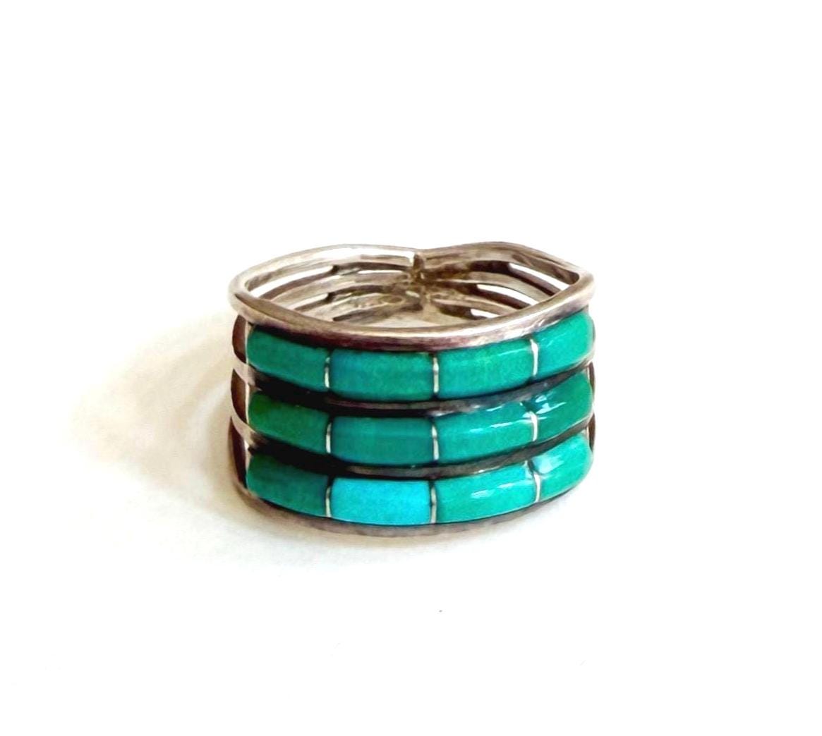 Vintage Zuni Turquoise Ring Band Native American Flush Channel Inlay Size 7