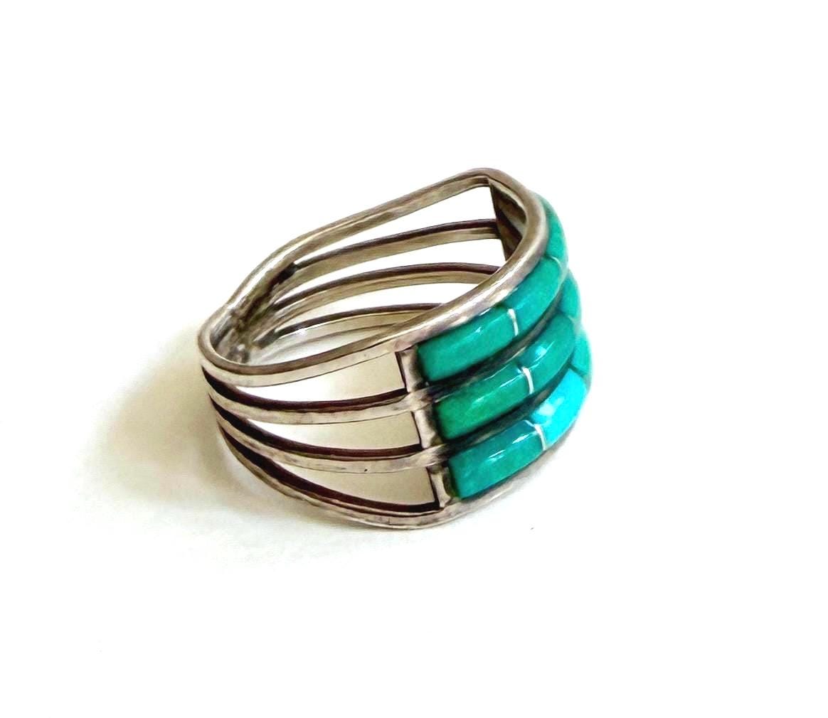 Vintage Zuni Turquoise Ring Band Native American Flush Channel Inlay Size 7