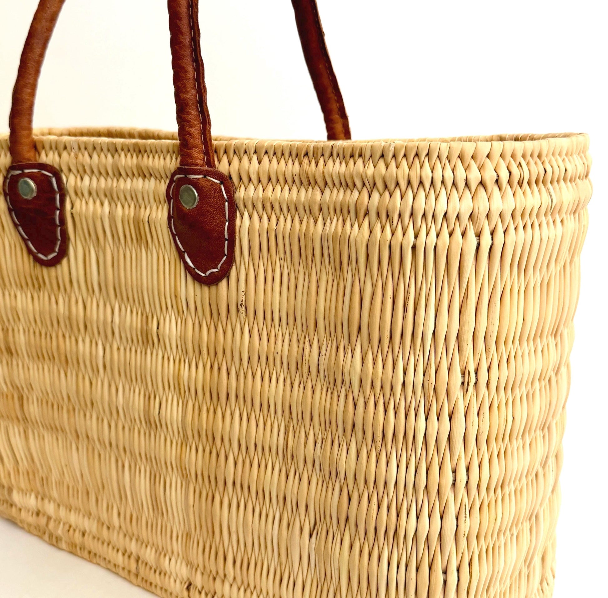 Vintage Straw Market Bag Neutral Beige with Leather Straps
