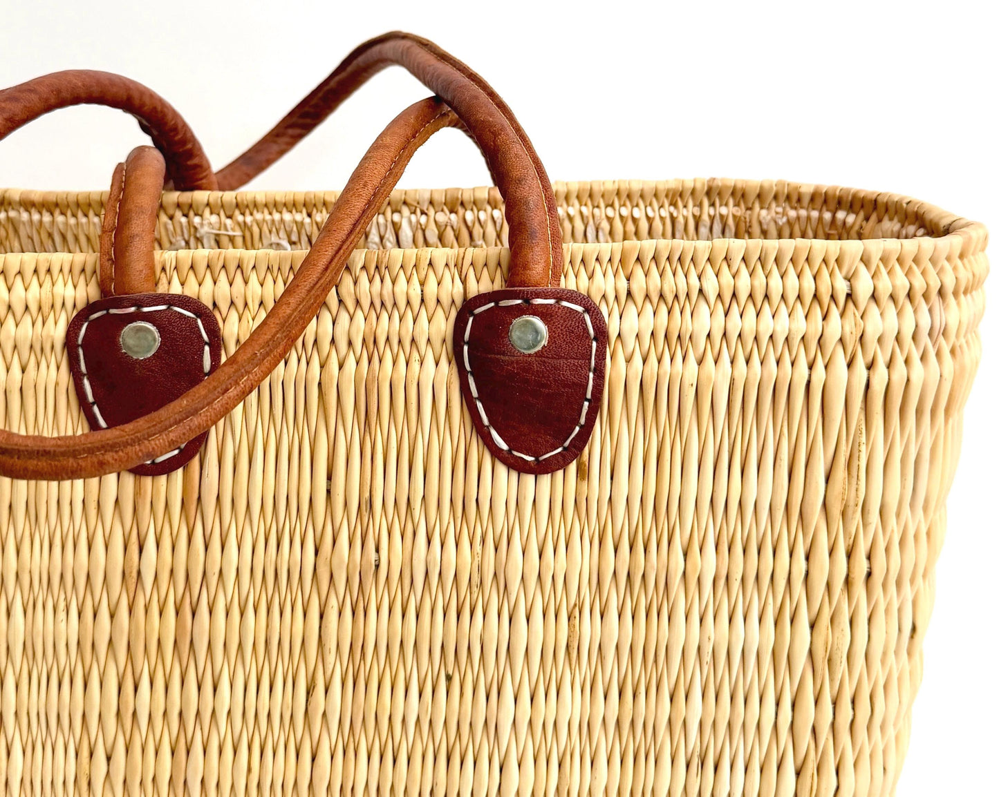 Vintage Straw Market Bag Neutral Beige with Leather Straps