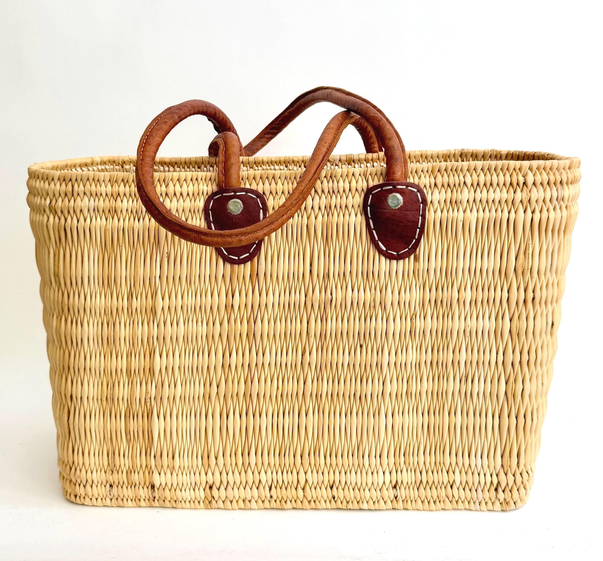 Vintage Straw Market Bag Neutral Beige with Leather Straps