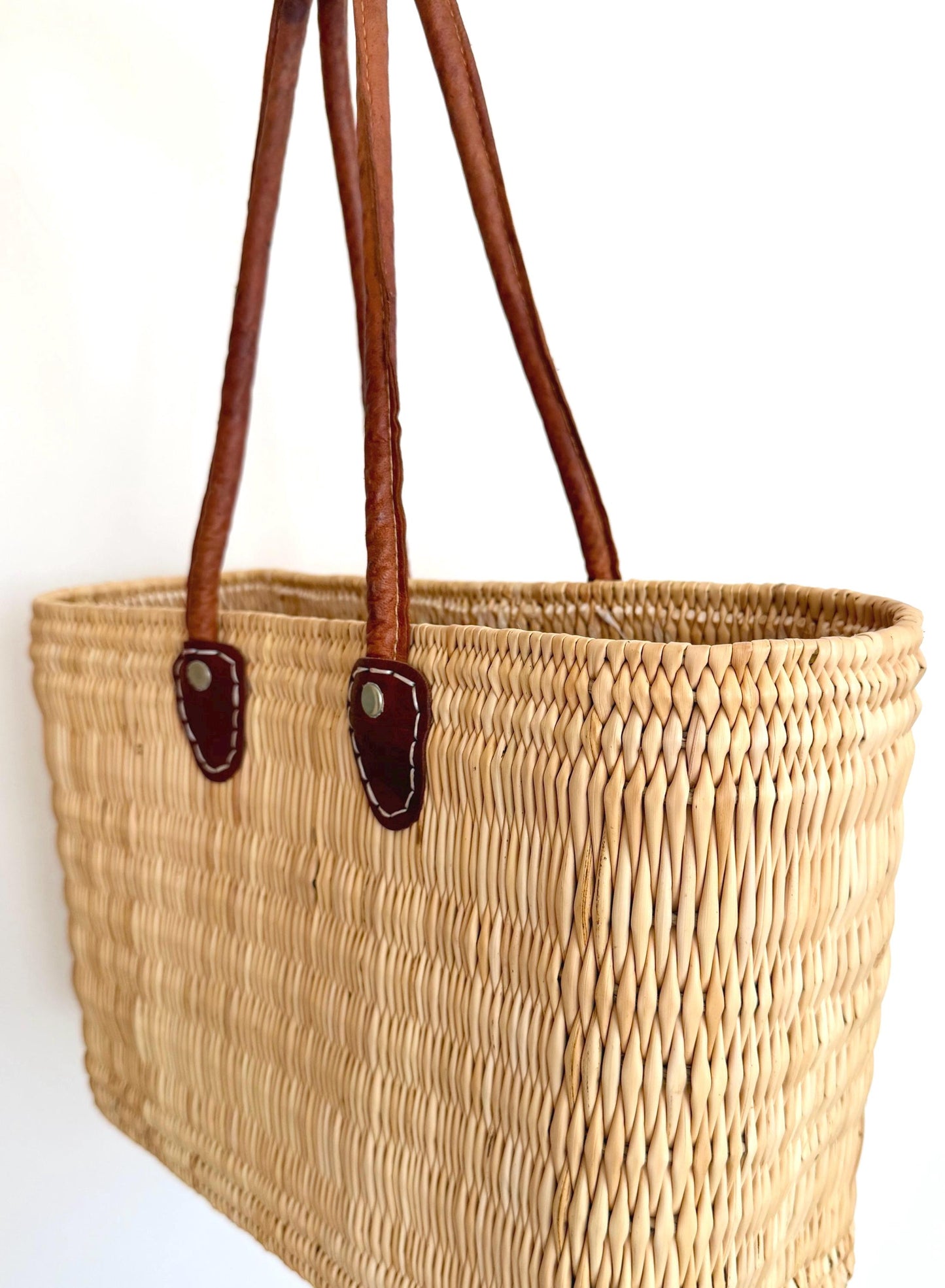Vintage Straw Market Bag Neutral Beige with Leather Straps